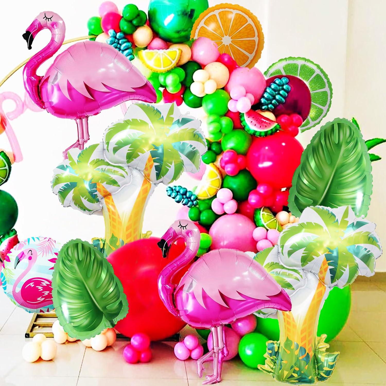 12pc Tropical Flamingo Palm Tree Foil Balloons | Luau Birthday Party Decor