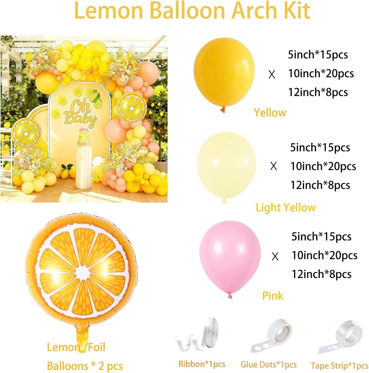 Pink Yellow Lemon Balloon Arch Garland Kit | Citrus Baby Shower Birthday Party Decor