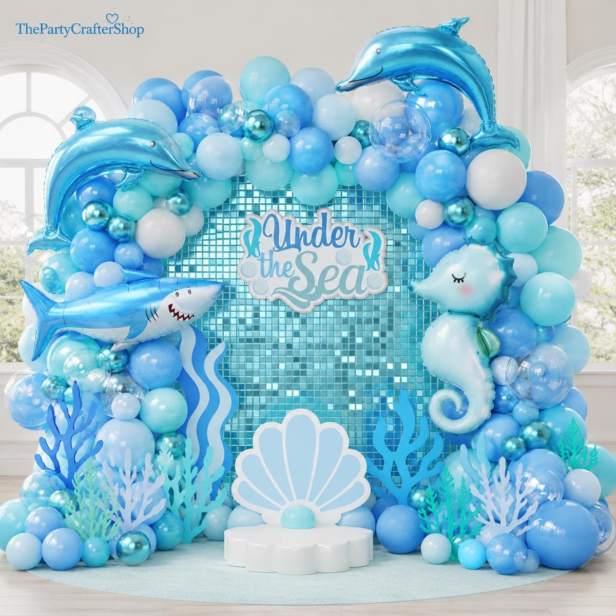 Under the Sea Balloon Arch Kit | Ocean Birthday Party Decorations with Blue Bubble Balloons, Dolphin Shark and Seahorse Foil Balloons