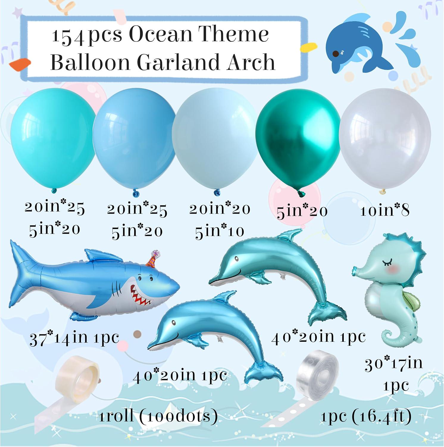 Under the Sea Balloon Arch Kit | Ocean Birthday Party Decorations with Blue Bubble Balloons, Dolphin Shark and Seahorse Foil Balloons