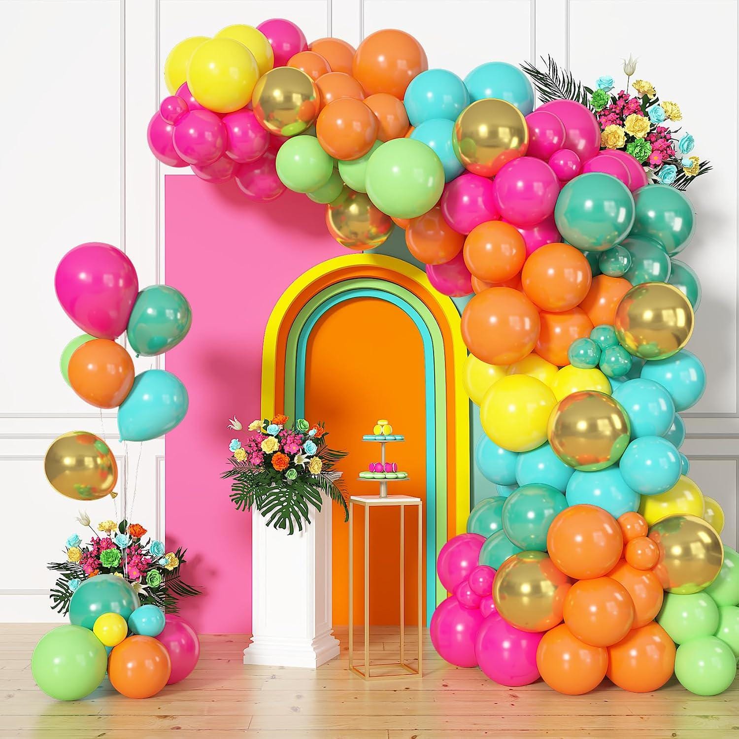 Tropical Balloon Set | Hot Pink, Orange, Teal, Yellow, Green, Gold Confetti Balloons