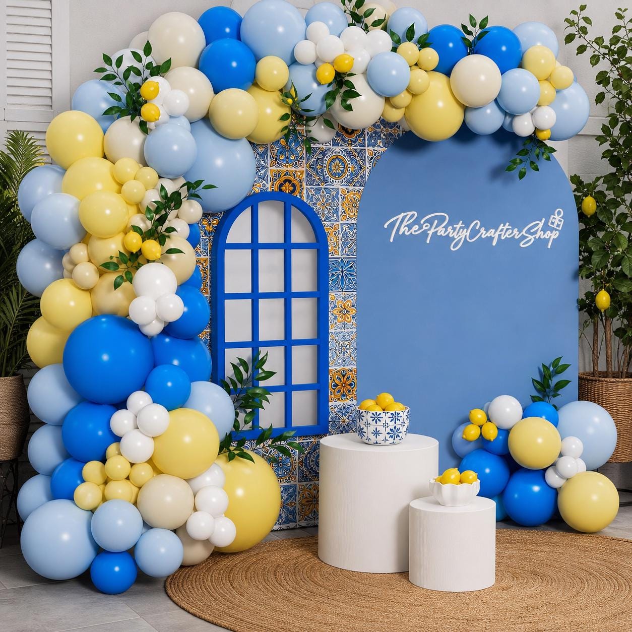 Blue Yellow Lemon Balloon Arch Kit | Amalfi Coast Party Decor, Citrus Balloons, Leaves