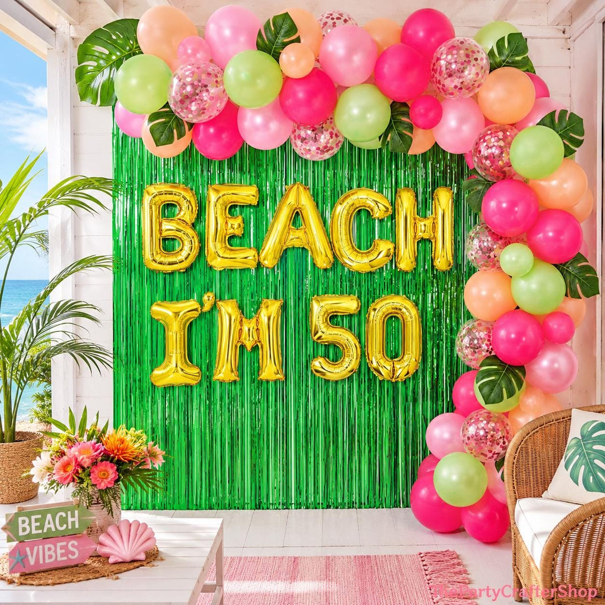 50th Birthday Tropical Luau Party Decorations | Beach Balloon Arch, Glitter Banner, Foil Props