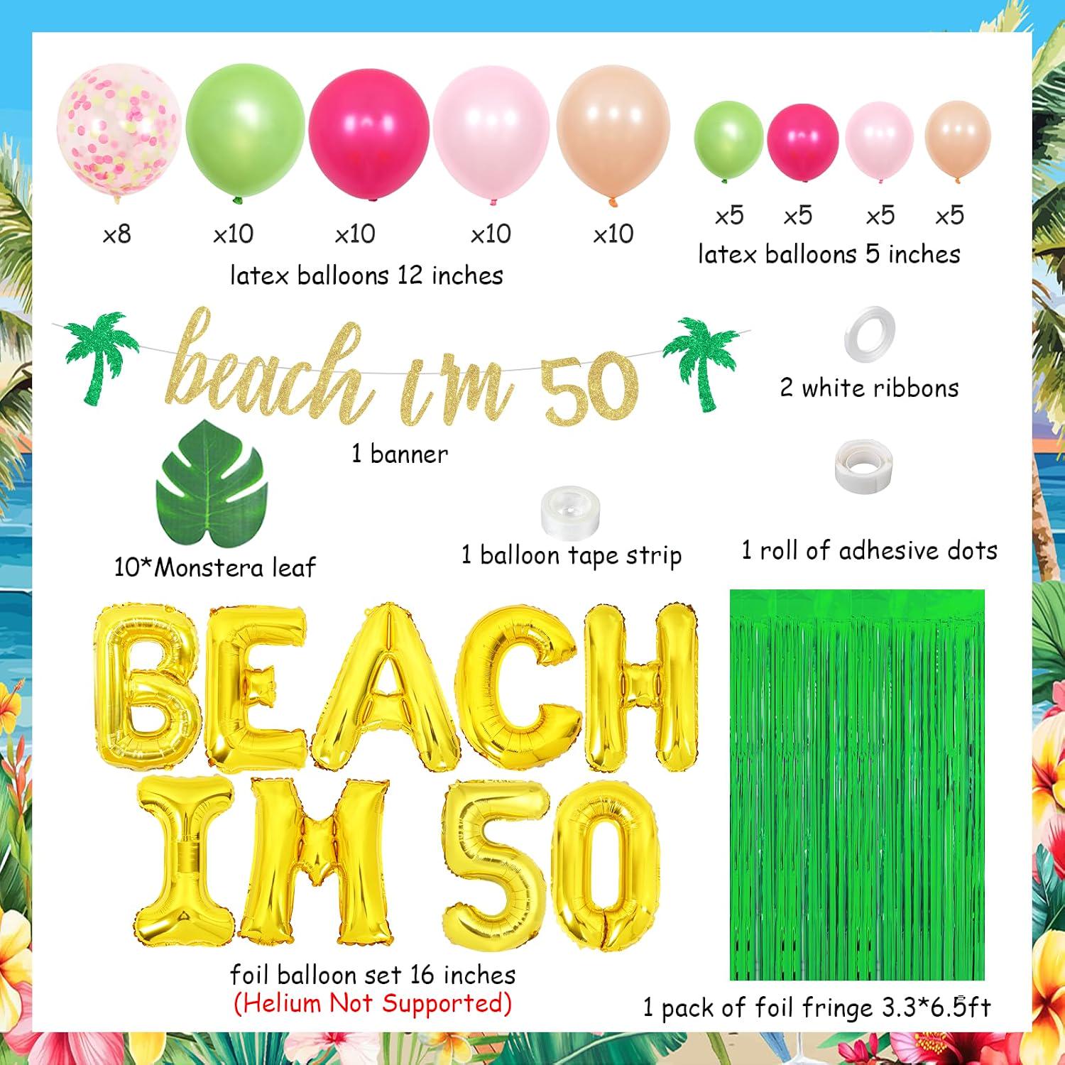 50th Birthday Tropical Luau Party Decorations | Beach Balloon Arch, Glitter Banner, Foil Props
