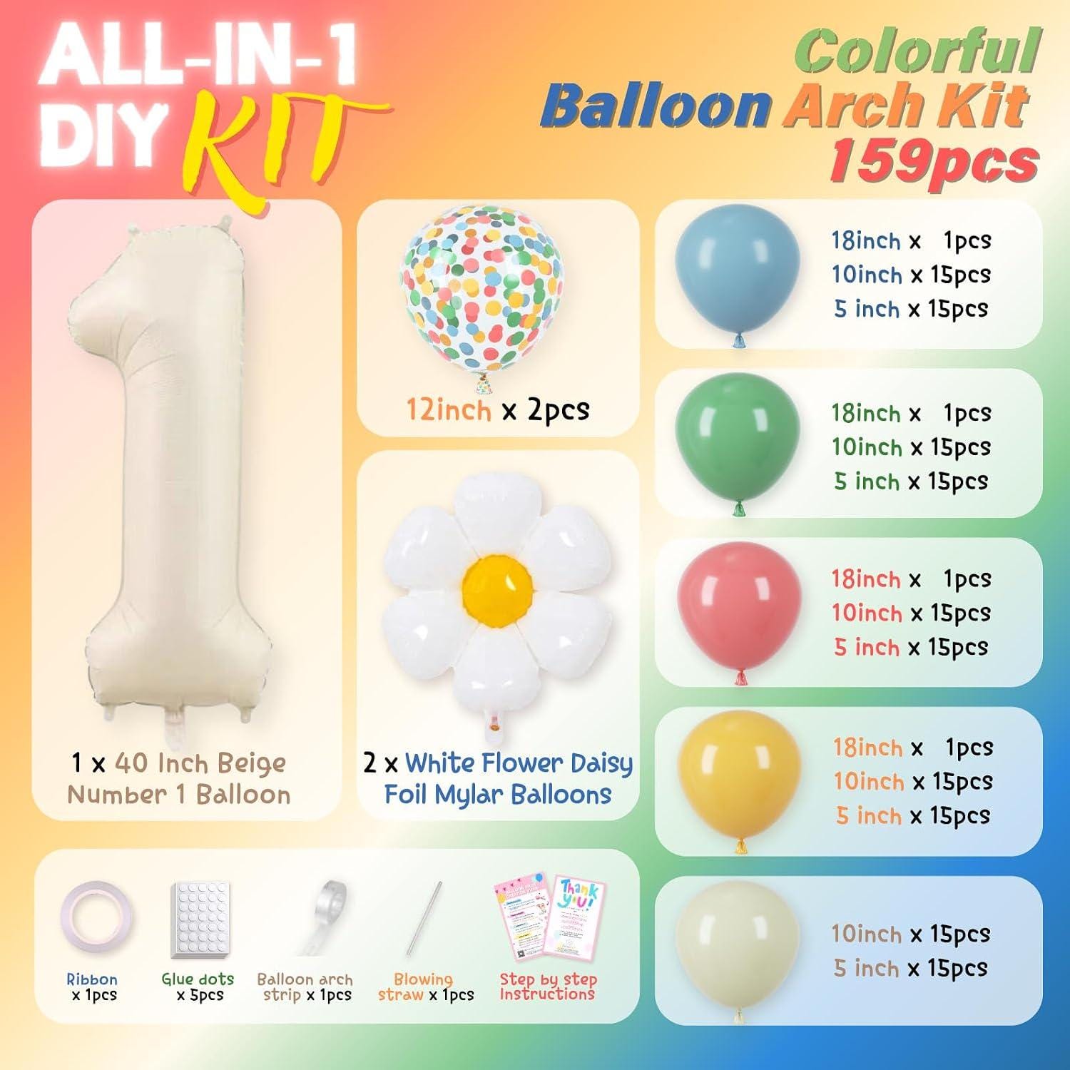 Retro Boho Balloon Arch Kit | Dinosaur, Flower, Number 1 Balloons (Sweet One Birthday)