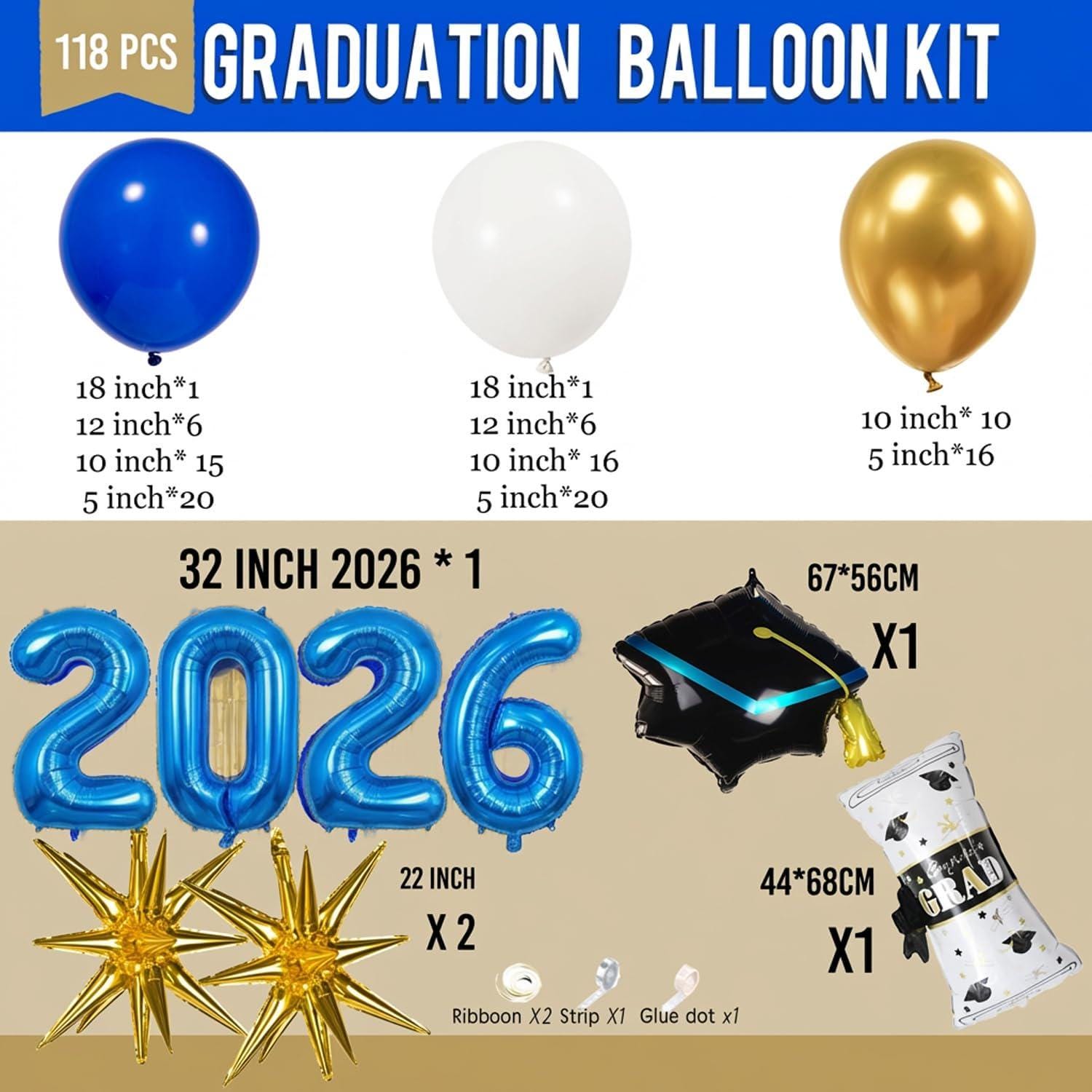 Graduation Balloon Arch Kit | Royal Blue, White, Gold, 2026 Numbers, Cap