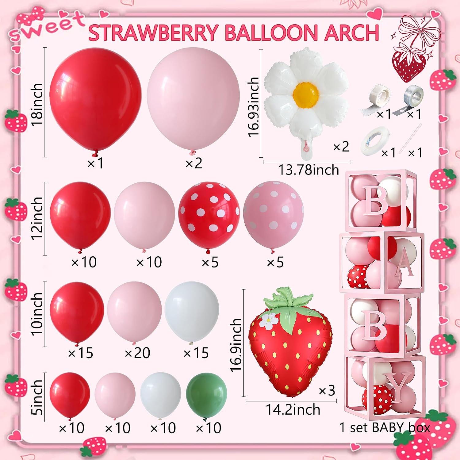 Strawberry Balloon Arch Kit with BABY Boxes | Red Pink Daisy Balloons, Sweet One Decor
