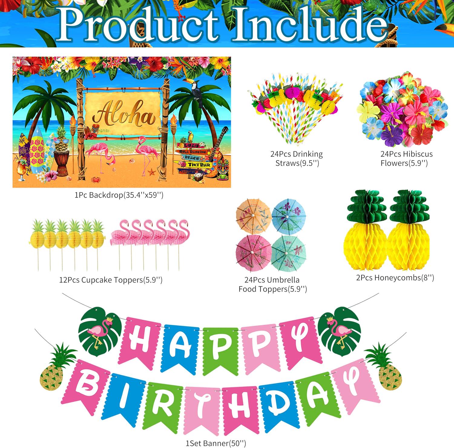 Hawaiian Luau Party Decorations | Aloha Backdrop, Grass Skirt, Balloon Garland, Palm Leaves