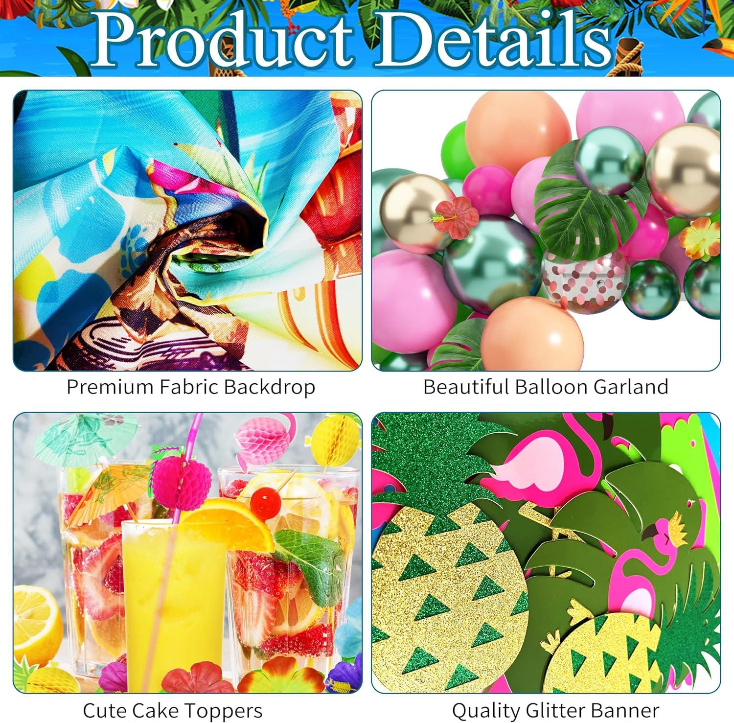 Hawaiian Luau Party Decorations | Aloha Backdrop, Grass Skirt, Balloon Garland, Palm Leaves