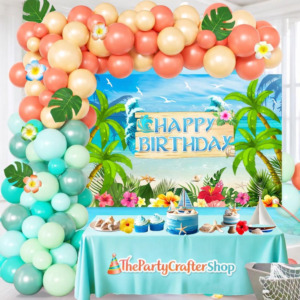 Beach Birthday Balloon Arch Kit | Aqua Coral Gold Ocean Backdrop Decorations