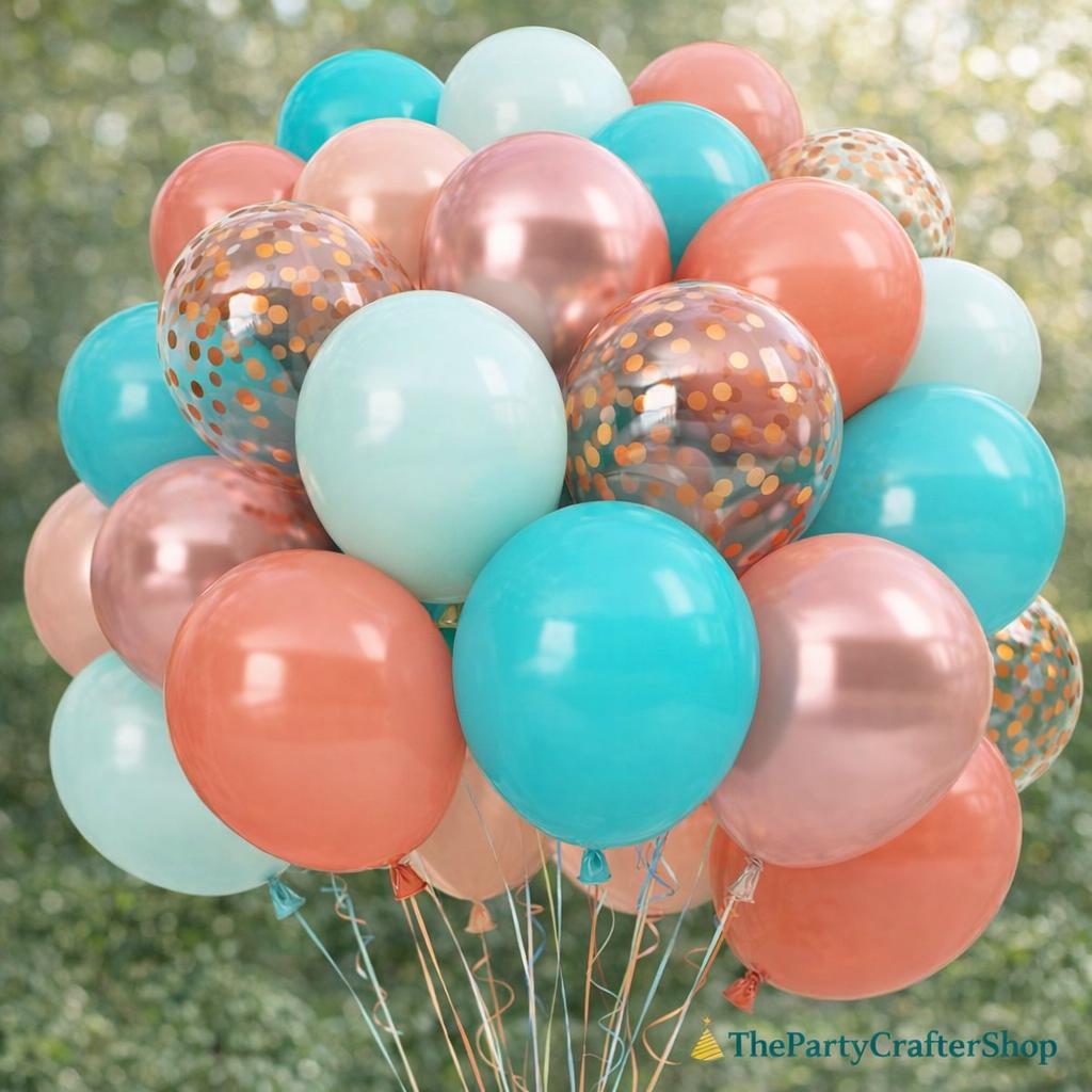 Hawaiian Balloon Set | Tropical Luau Party Decor, Orange, Teal, Rose Gold Confetti Balloons