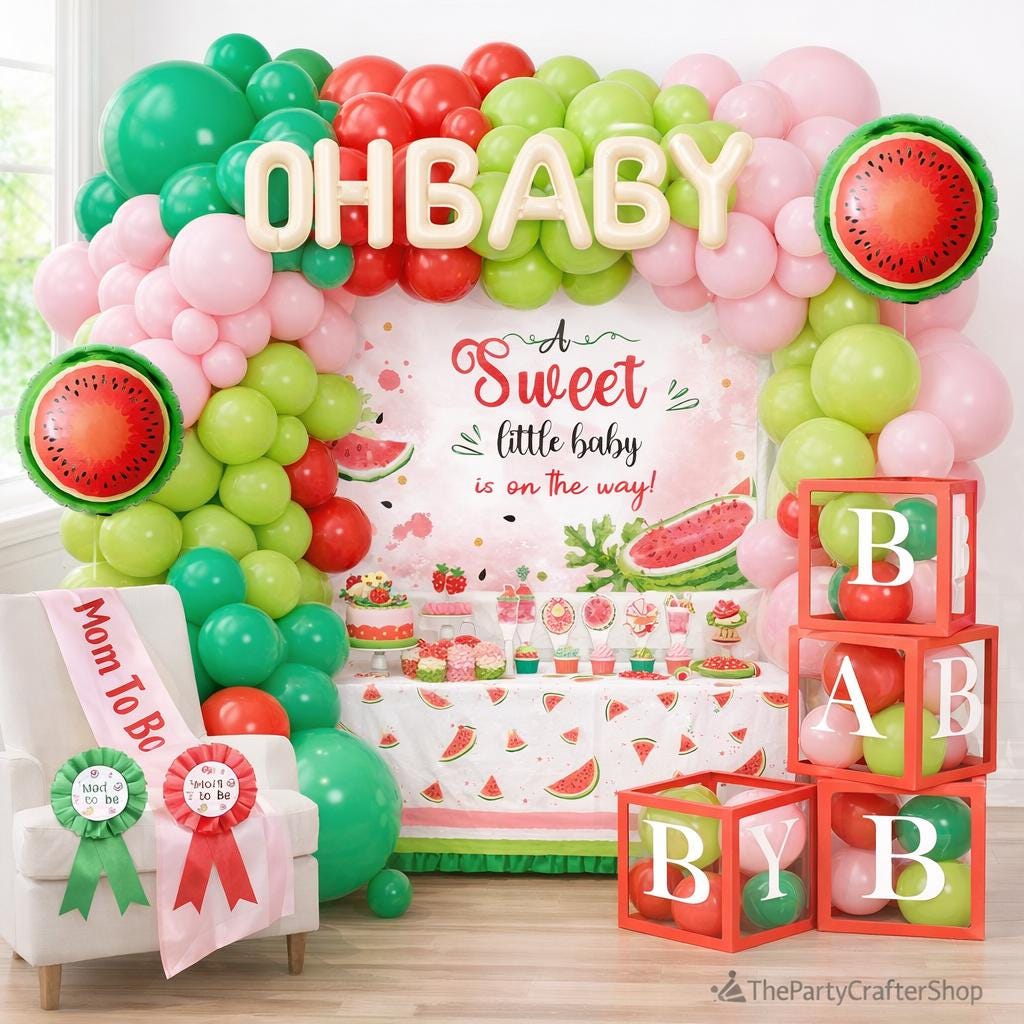 Watermelon Baby Shower Decorations | Balloon Arch, Backdrop, Boxes, Tablecloth