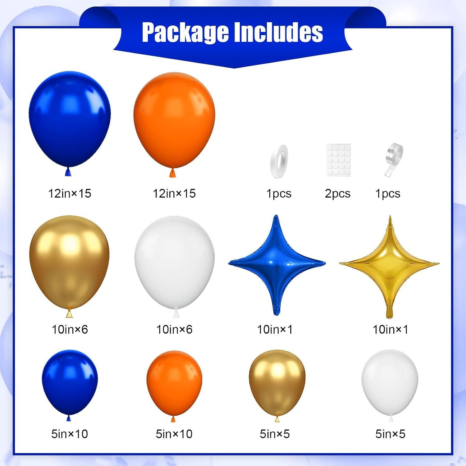 Blue Orange Balloon Arch Kit, Royal Blue White Gold Balloons, Star Foil Garland