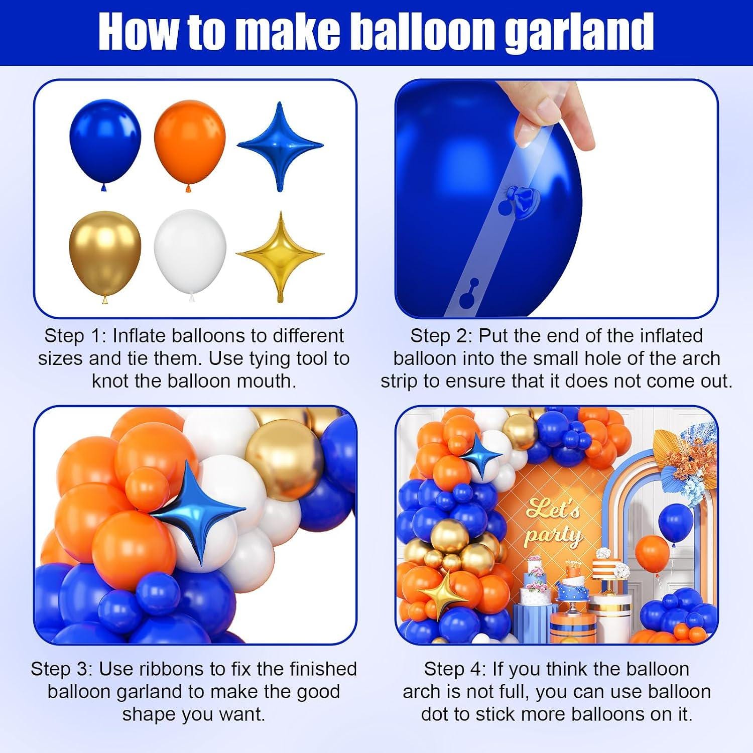 Blue Orange Balloon Arch Kit, Royal Blue White Gold Balloons, Star Foil Garland
