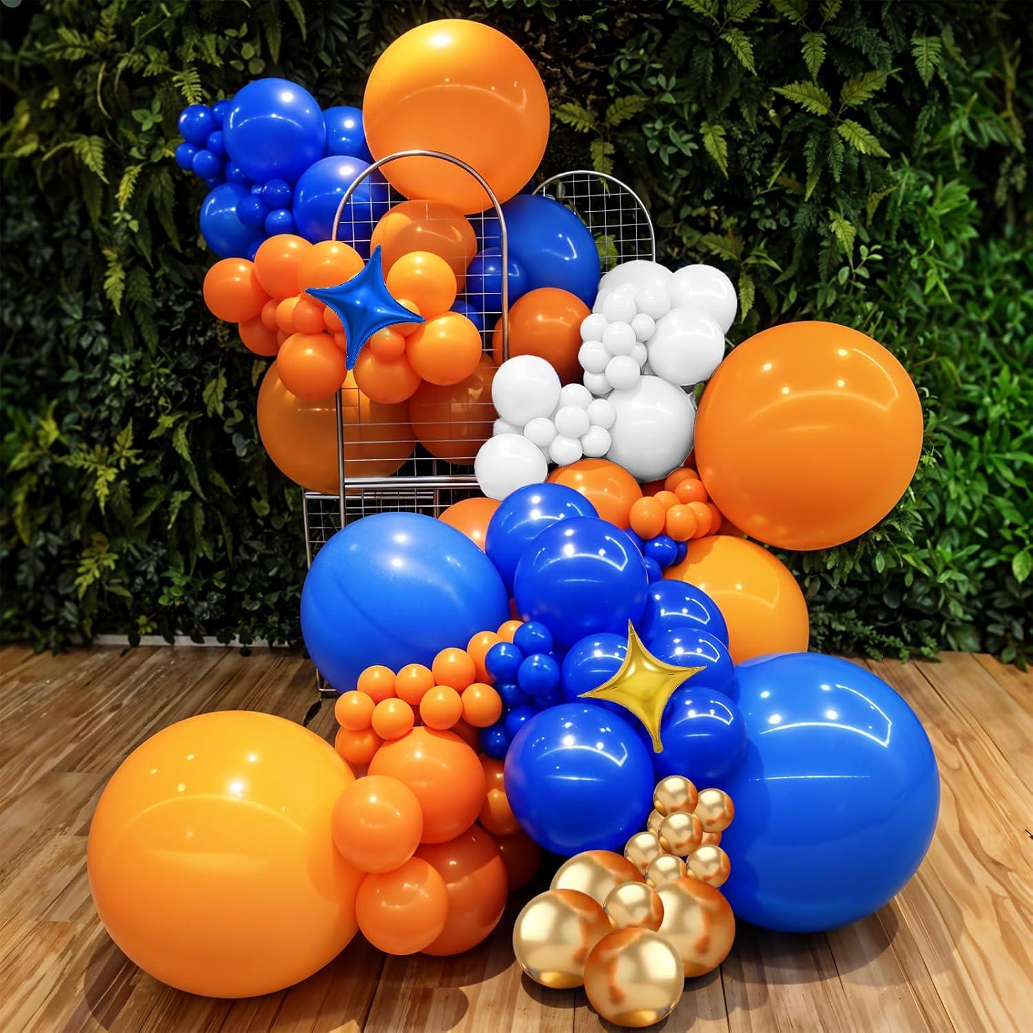 Blue Orange Balloon Arch Kit, Royal Blue White Gold Balloons, Star Foil Garland