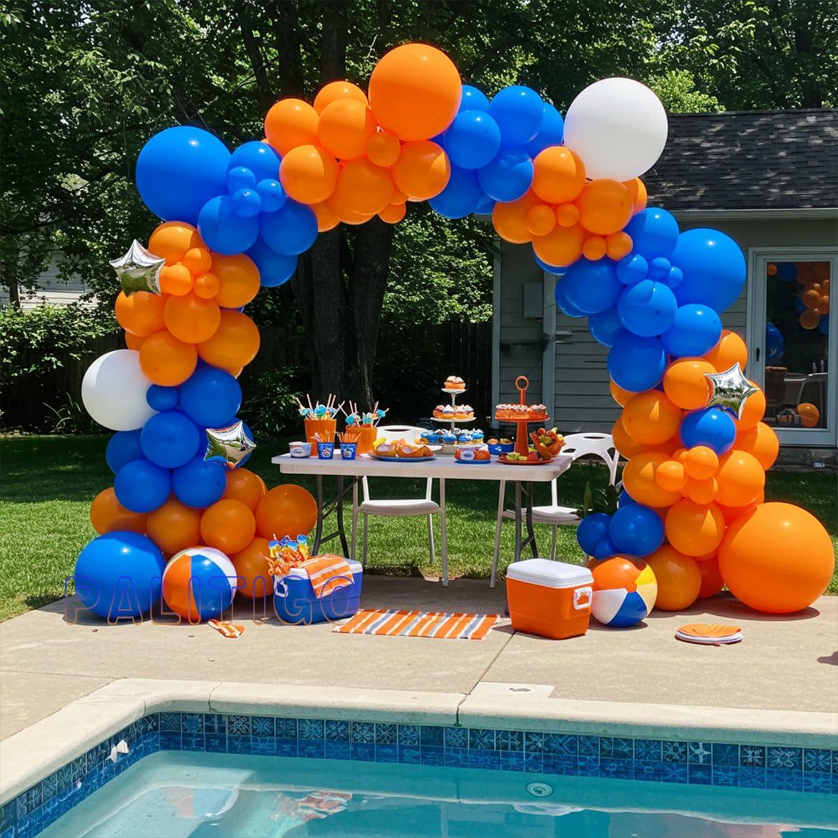 Blue Orange White Balloon Arch Kit, Double Stuffed, Silver Stars, Party Decor