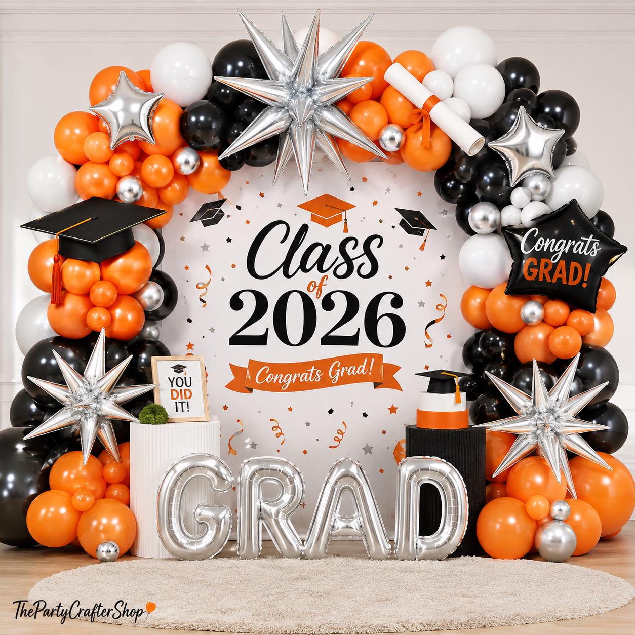 Class of 2026 Graduation Balloon Arch Kit, Orange Black Silver Party Decoration