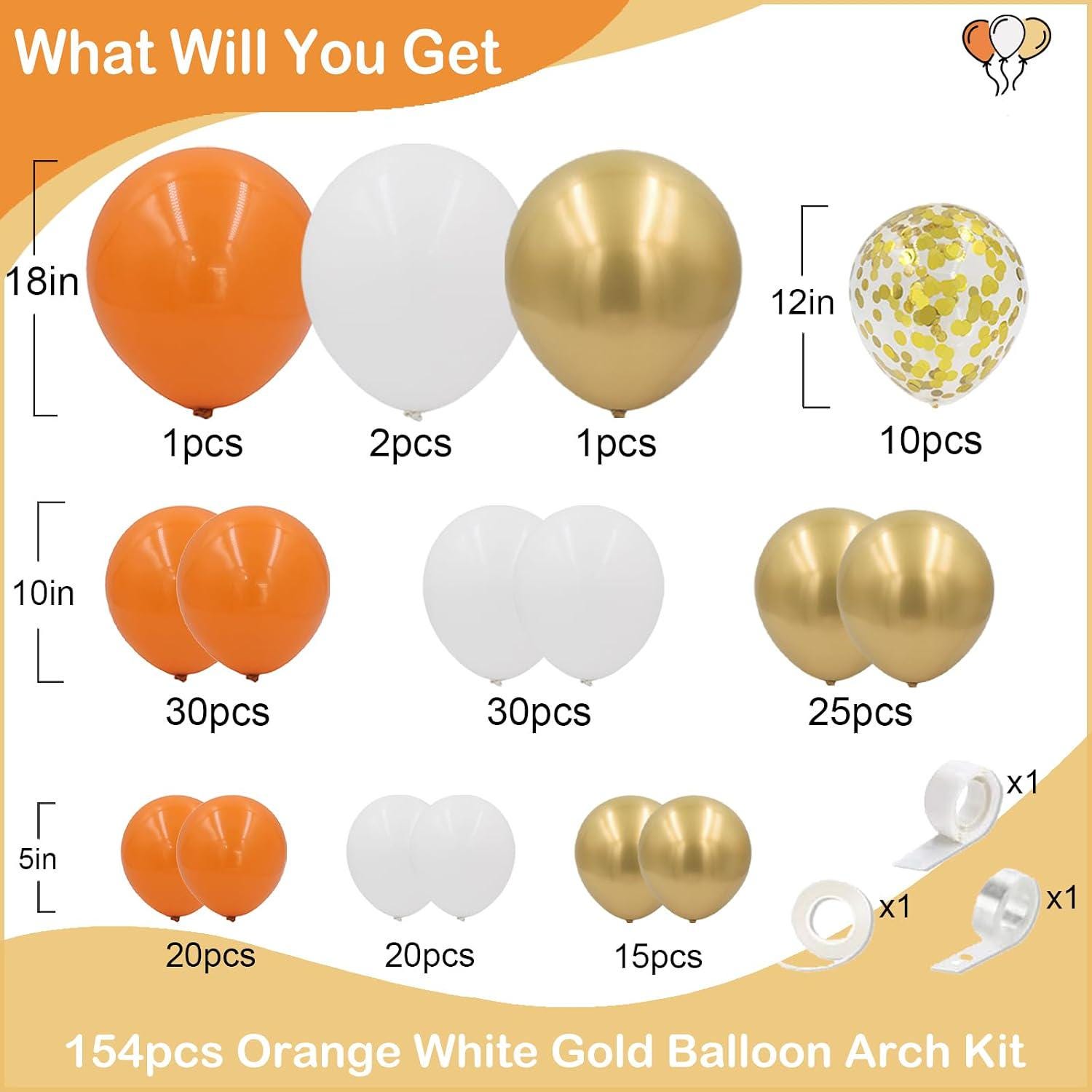 Orange White Gold Balloon Garland Arch Kit, Metallic Confetti Balloons, Celebration Decor