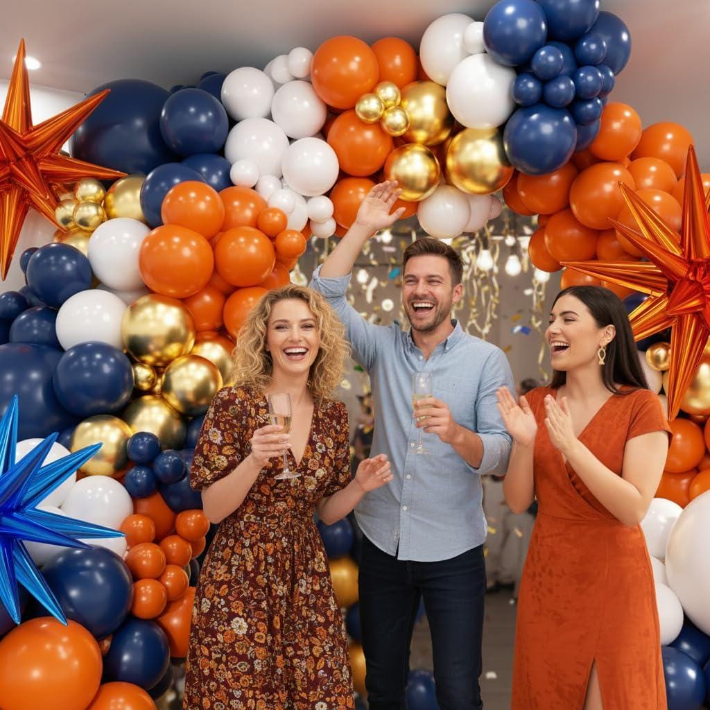 Blue Orange Gold Balloon Arch Kit, Navy White Metallic Party Decor
