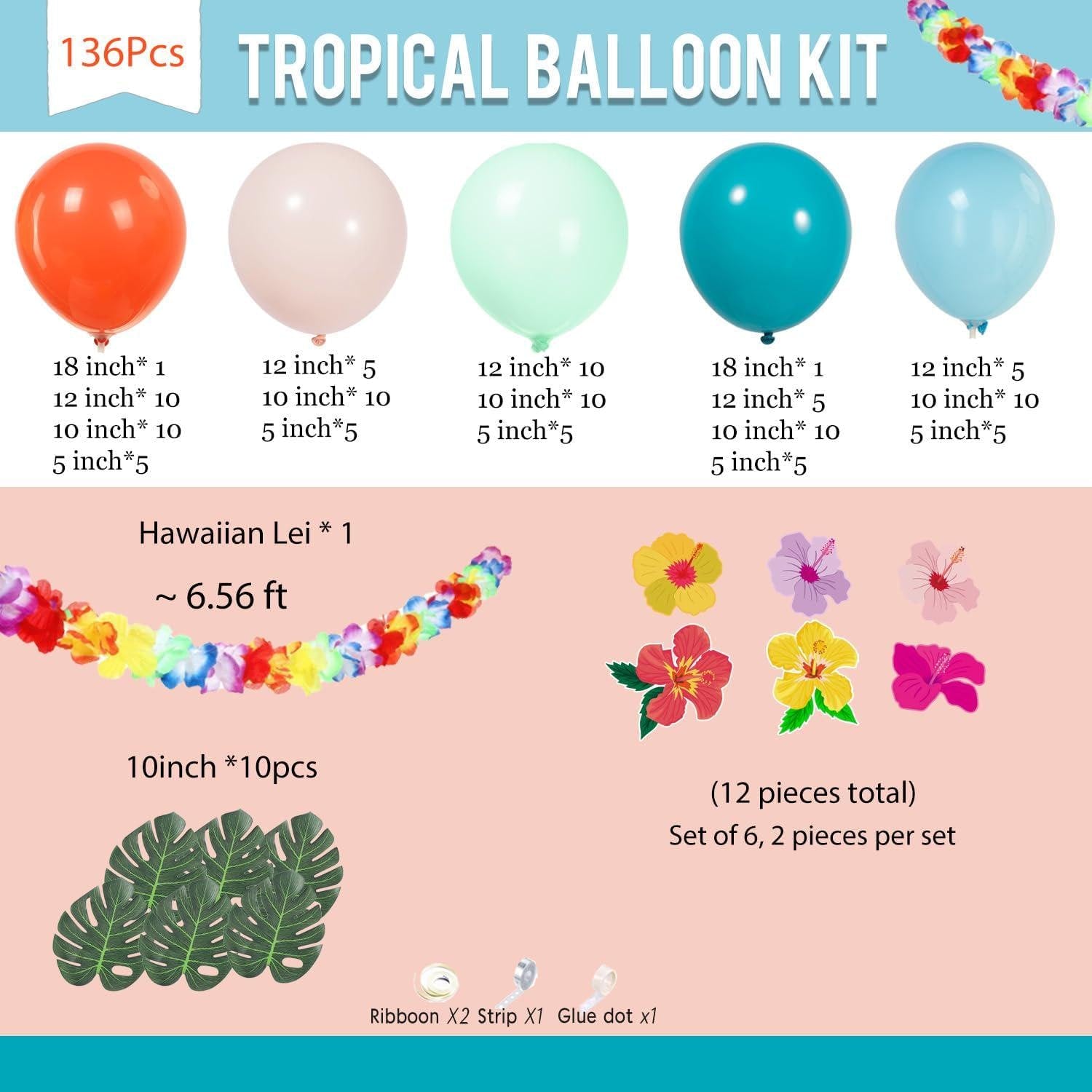 Tropical Balloon Garland Kit, Luau Party Arch with Palm Leaves, Flowers