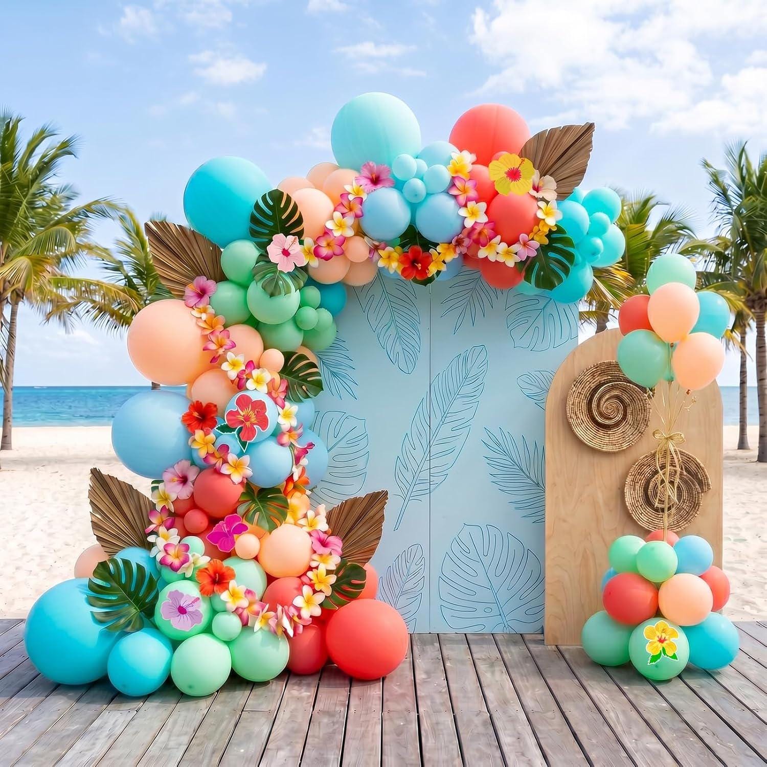 Tropical Balloon Garland Kit, Luau Party Arch with Palm Leaves, Flowers