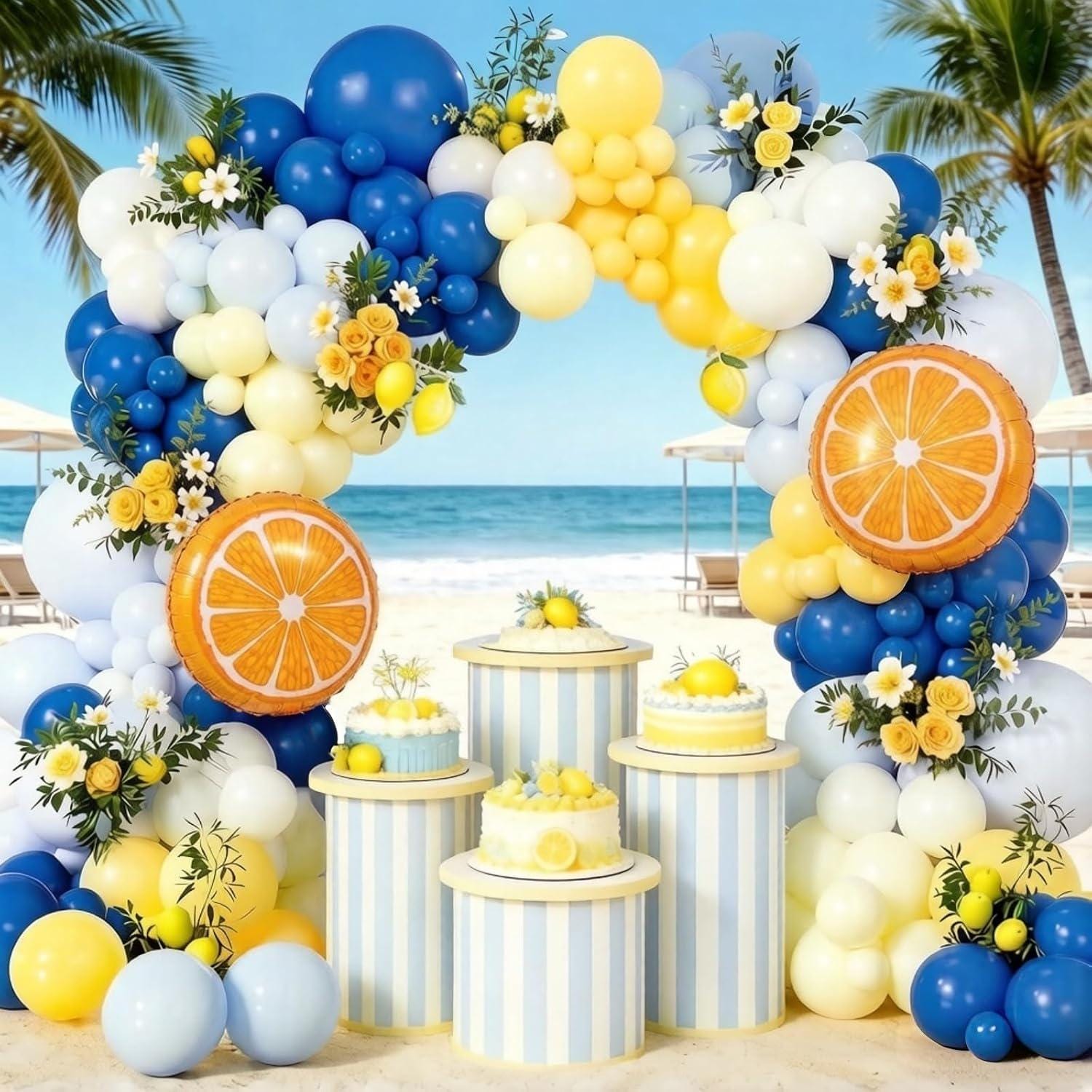 Lemon Balloon Garland Kit, Citrus Birthday Arch, Blue Yellow Party Decor