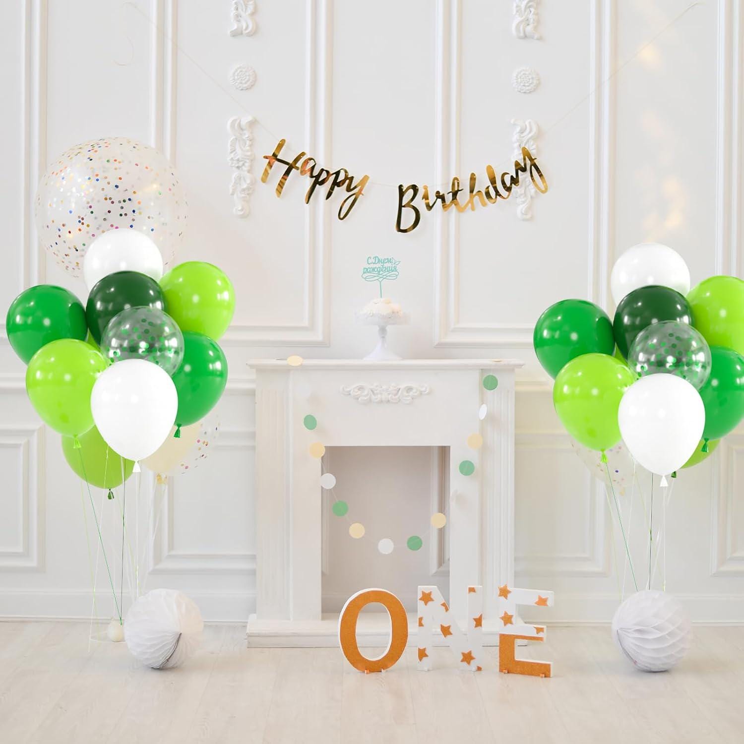 Metallic Green White Confetti Balloons, 12 Inch Emerald Lime Party Set