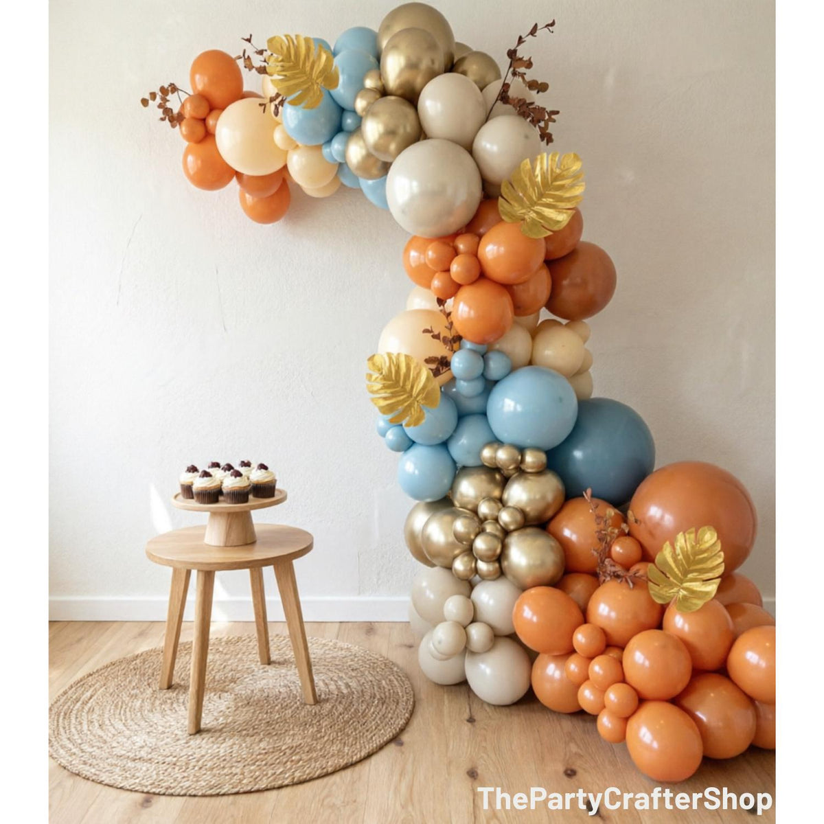 Fall Balloon Arch Kit, Burnt Orange Dusty Blue Beige Sand White Balloons, Gold Leaves