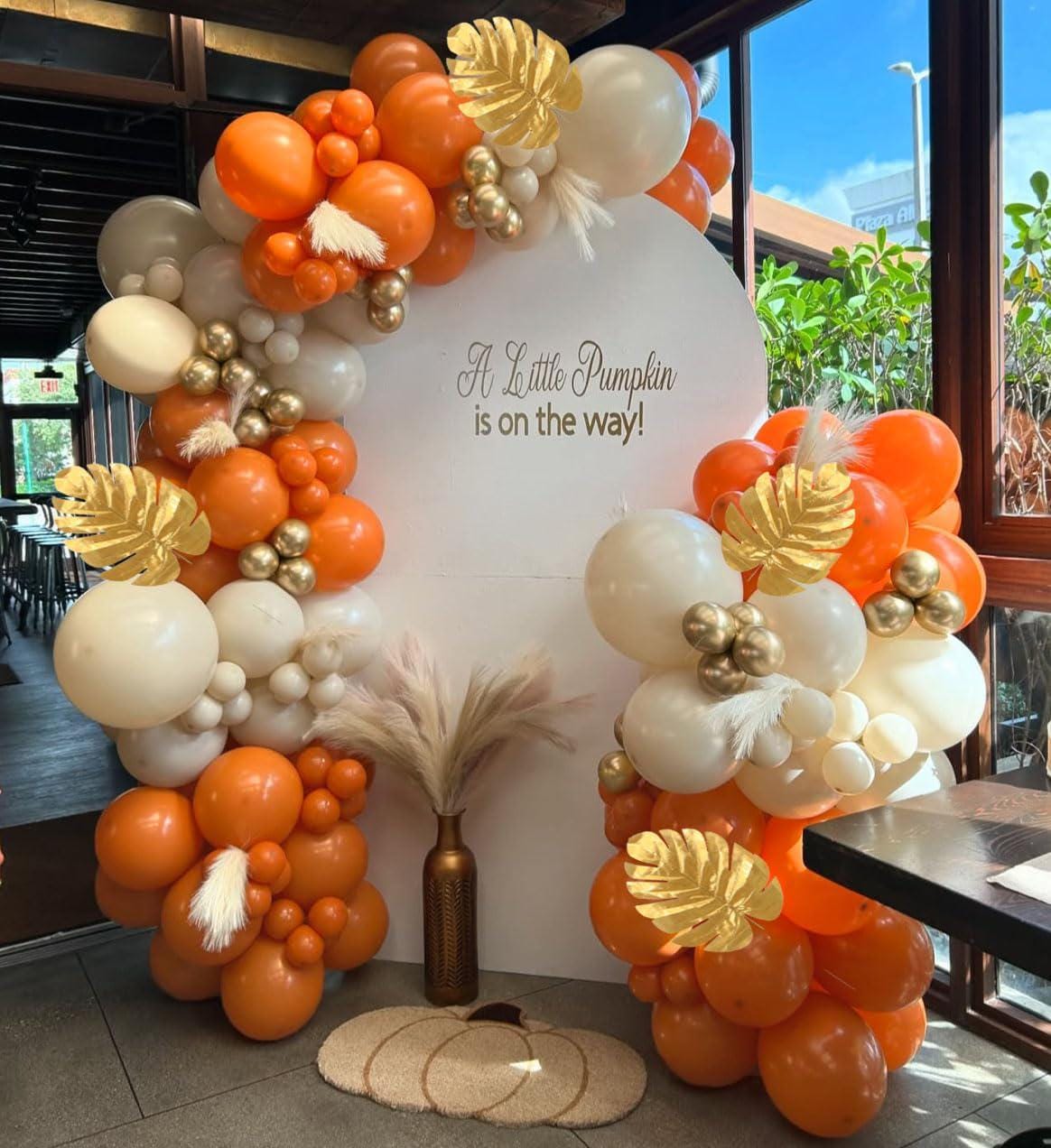 Fall Balloon Arch Kit, Burnt Orange Dusty Blue Beige Sand White Balloons, Gold Leaves