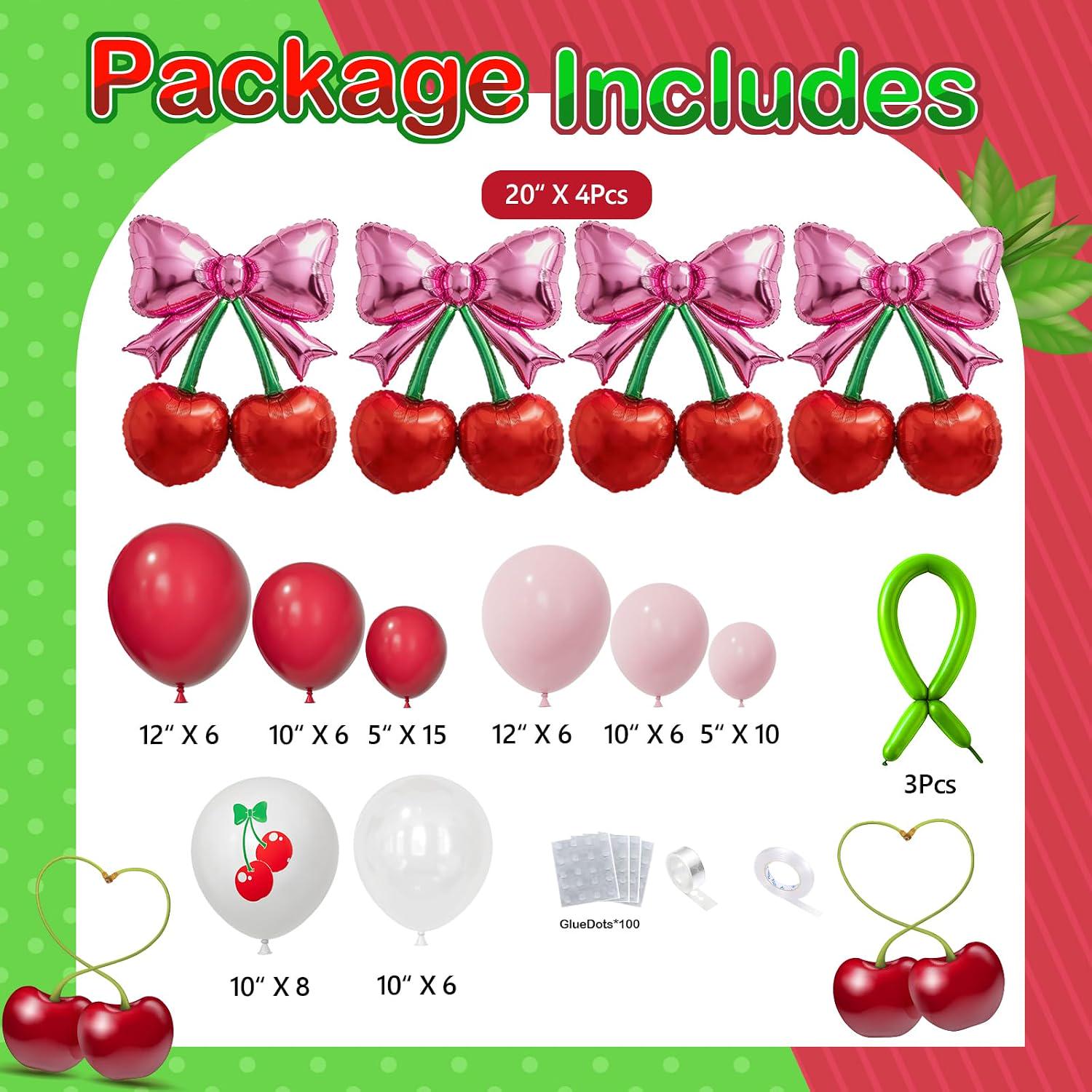 Cherry Balloon Garland Kit, Pink Red Bow Cherry Print Balloons, Birthday Baby Shower Decor