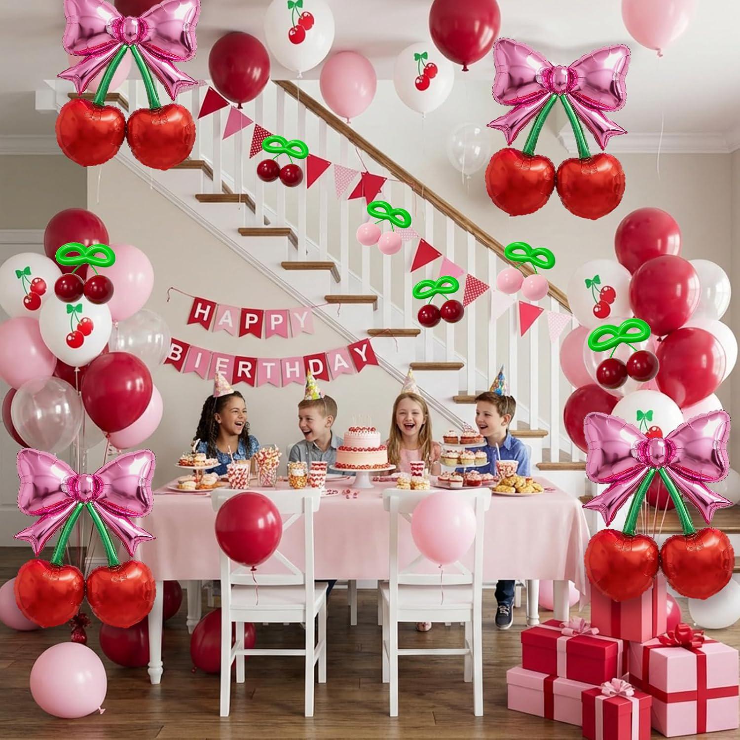 Cherry Balloon Garland Kit, Pink Red Bow Cherry Print Balloons, Birthday Baby Shower Decor