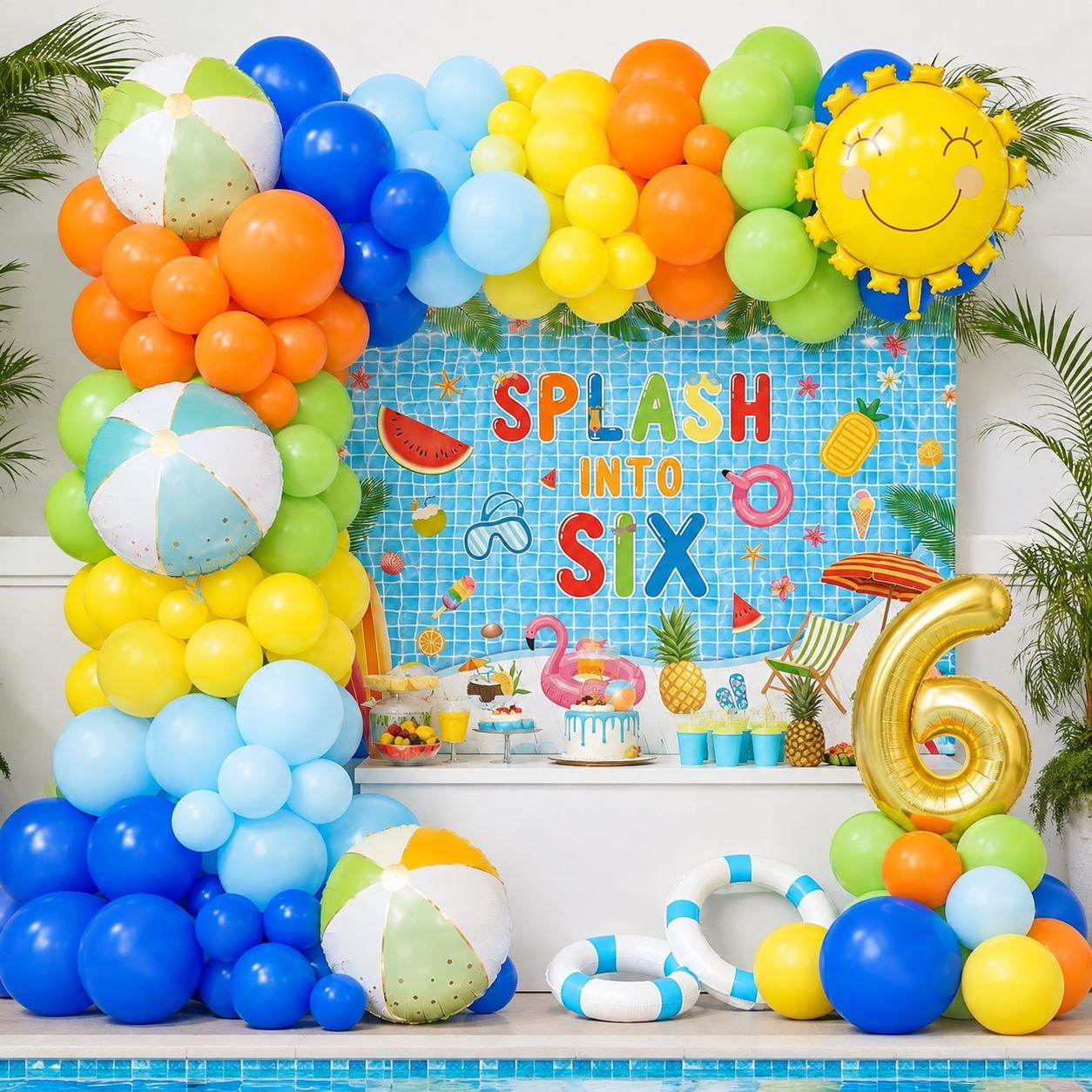 Splash Into Six Birthday Backdrop Banner, Beach Ball Balloon, Tropical Summer Party Decor