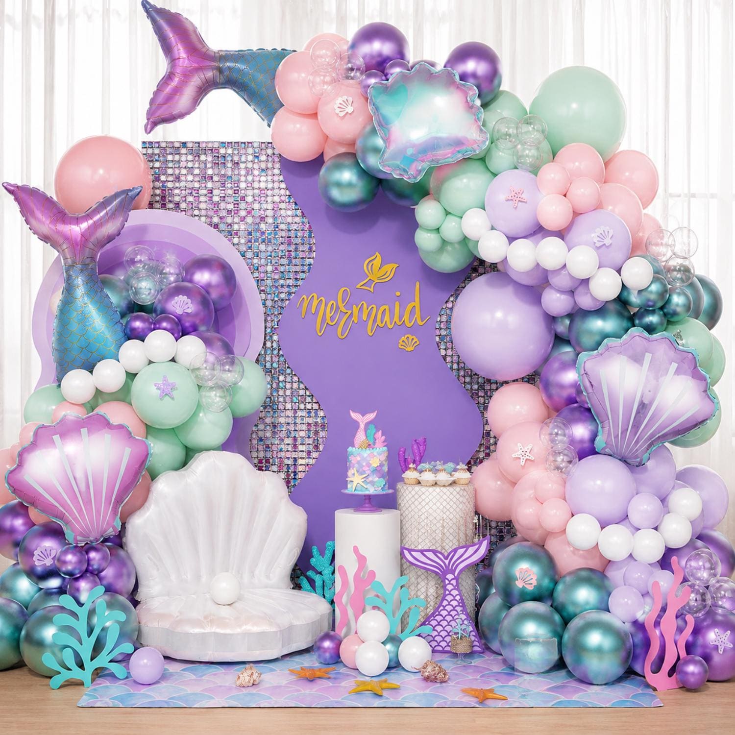 Mermaid Balloon Garland Kit, Pastel Purple Pink Green Arch, Shell Tail Foils, Birthday Shower Decor