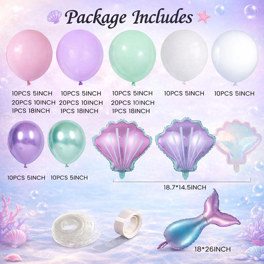 Mermaid Balloon Garland Kit, Pastel Purple Pink Green Arch, Shell Tail Foils, Birthday Shower Decor