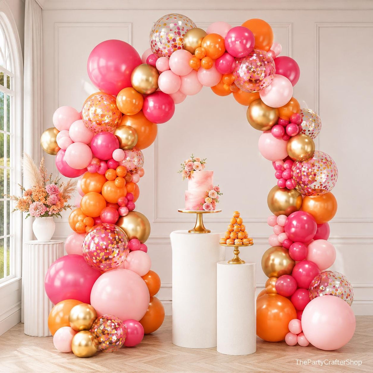 Pink Orange Gold Balloon Arch Kit, Confetti Garland for Birthday, Baby Shower, Wedding Decor