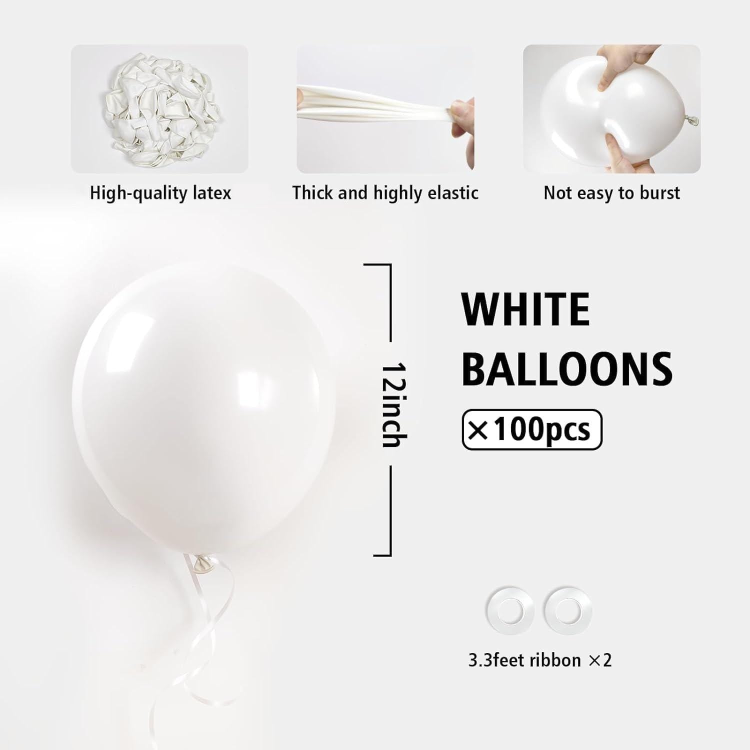 100pc White Latex Balloons, 12 Inch Party Decor (Air or Helium Filled)