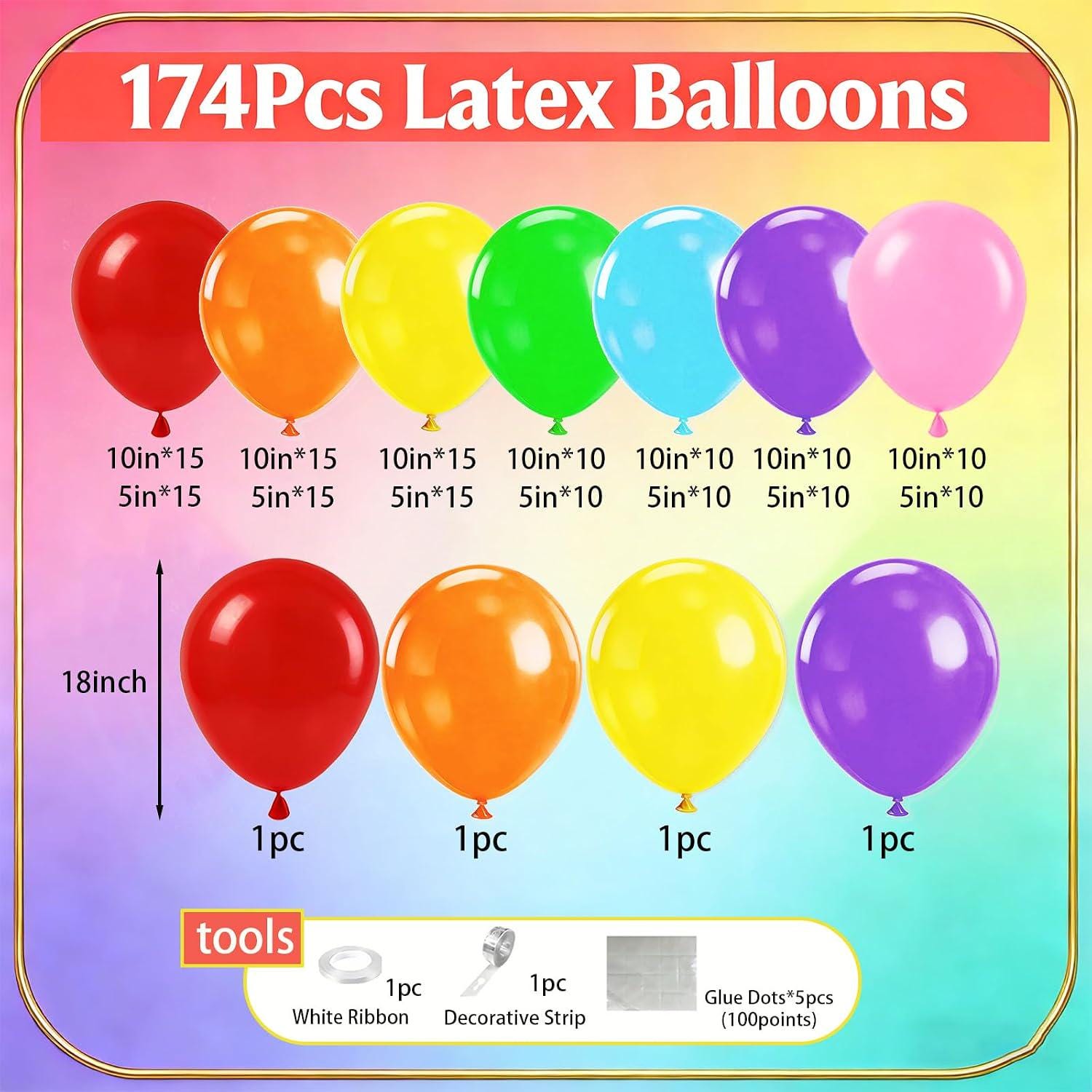 Rainbow Balloon Arch Kit, 174pc Latex Garland for Birthday Party Decor