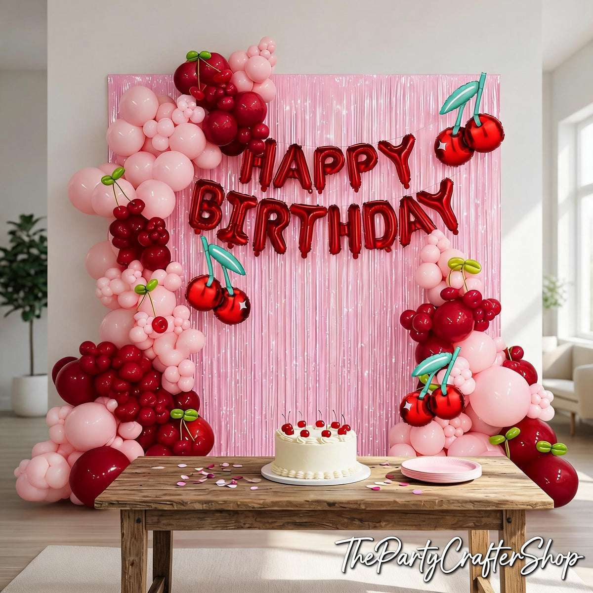 Cherry Birthday Balloon Arch Kit, Pink Fringe Backdrop, Girls Party Decorations