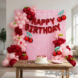 Cherry Birthday Balloon Arch Kit, Pink Fringe Backdrop, Girls Party Decorations
