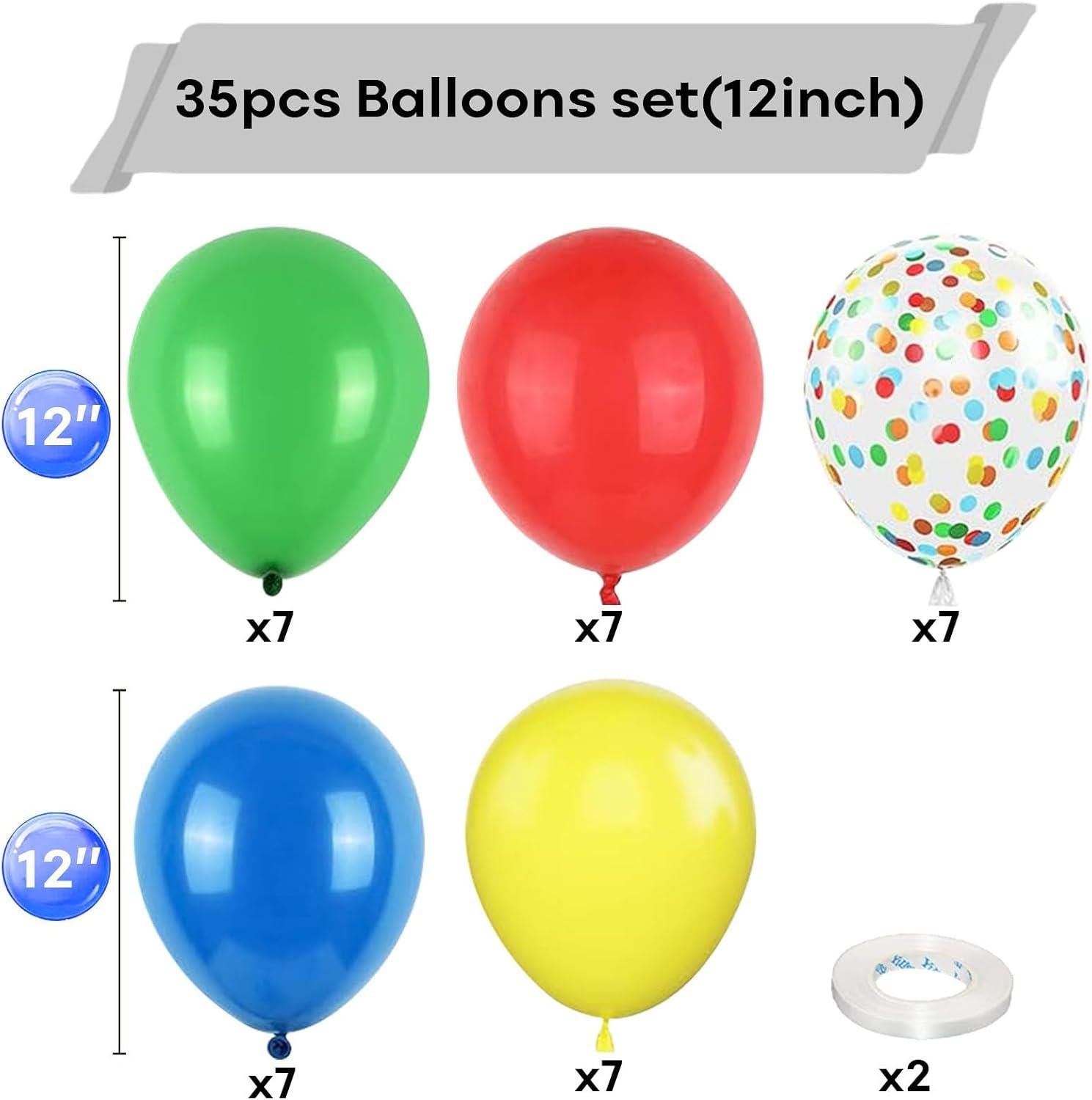 Red Yellow Blue Carnival Balloon Kit, Matte Primary Colors, Confetti Balloons, Kids Birthday Decor