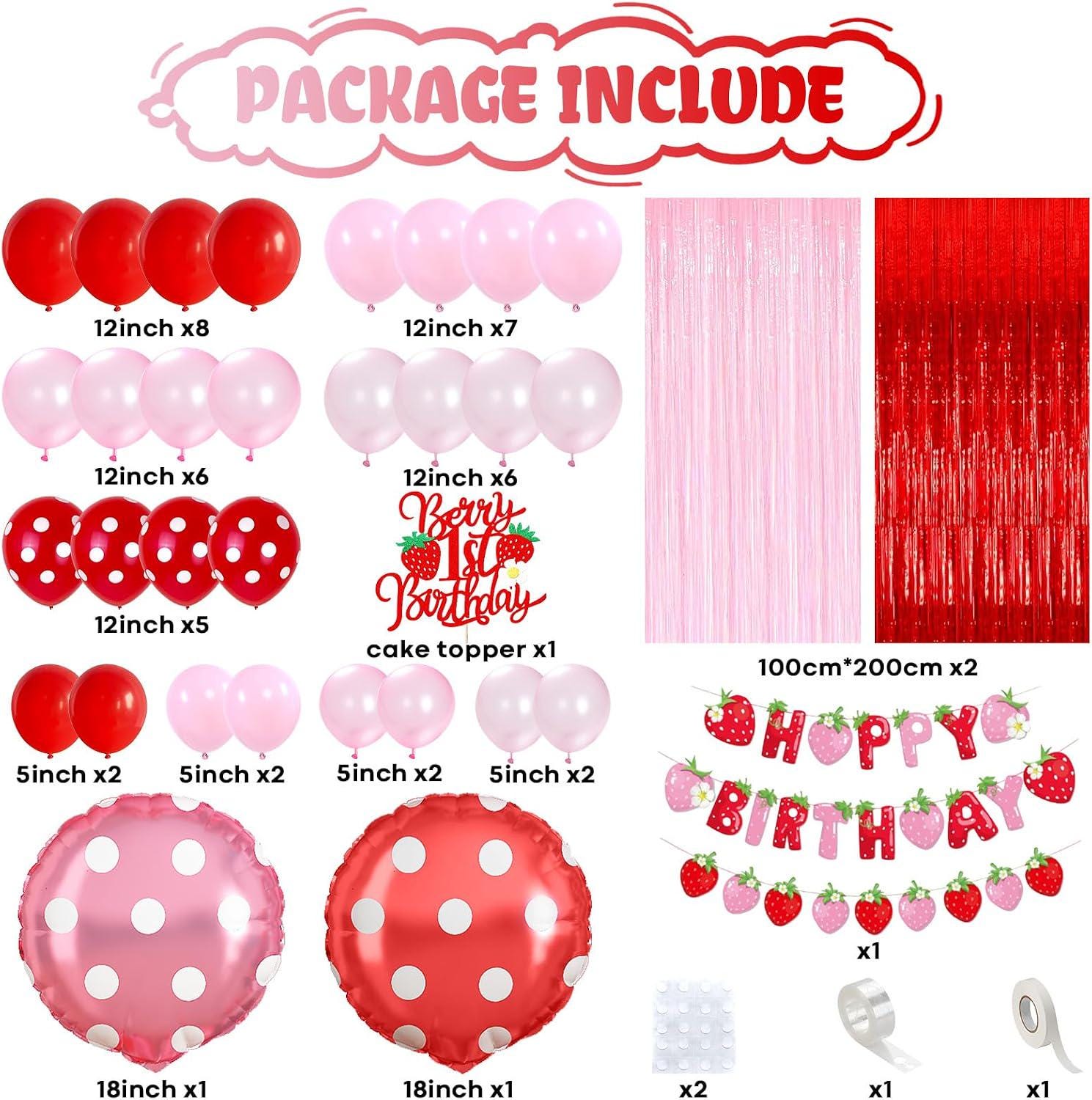 Strawberry First Birthday Party Decorations Kit, Pastel Berry Sweet Theme Balloons Banner Topper