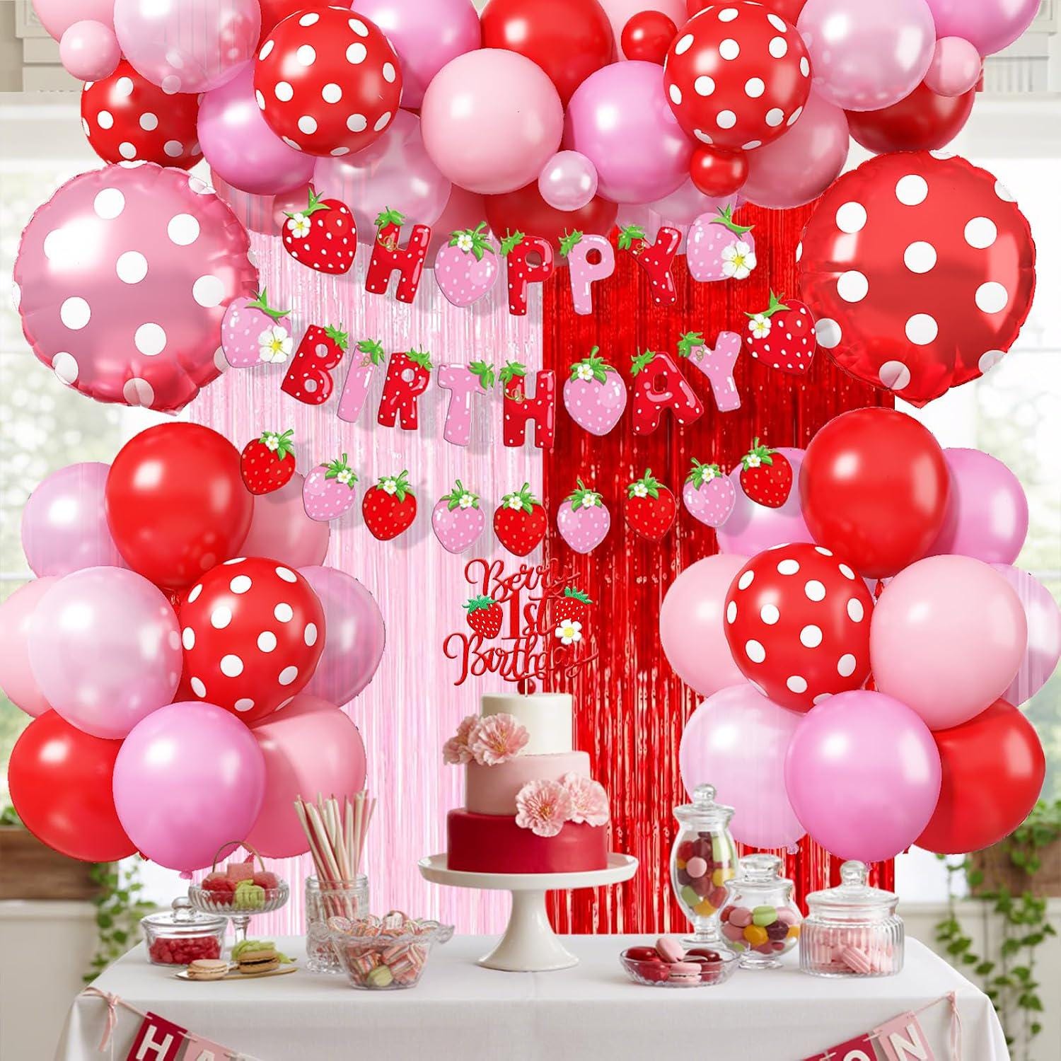 Strawberry First Birthday Party Decorations Kit, Pastel Berry Sweet Theme Balloons Banner Topper