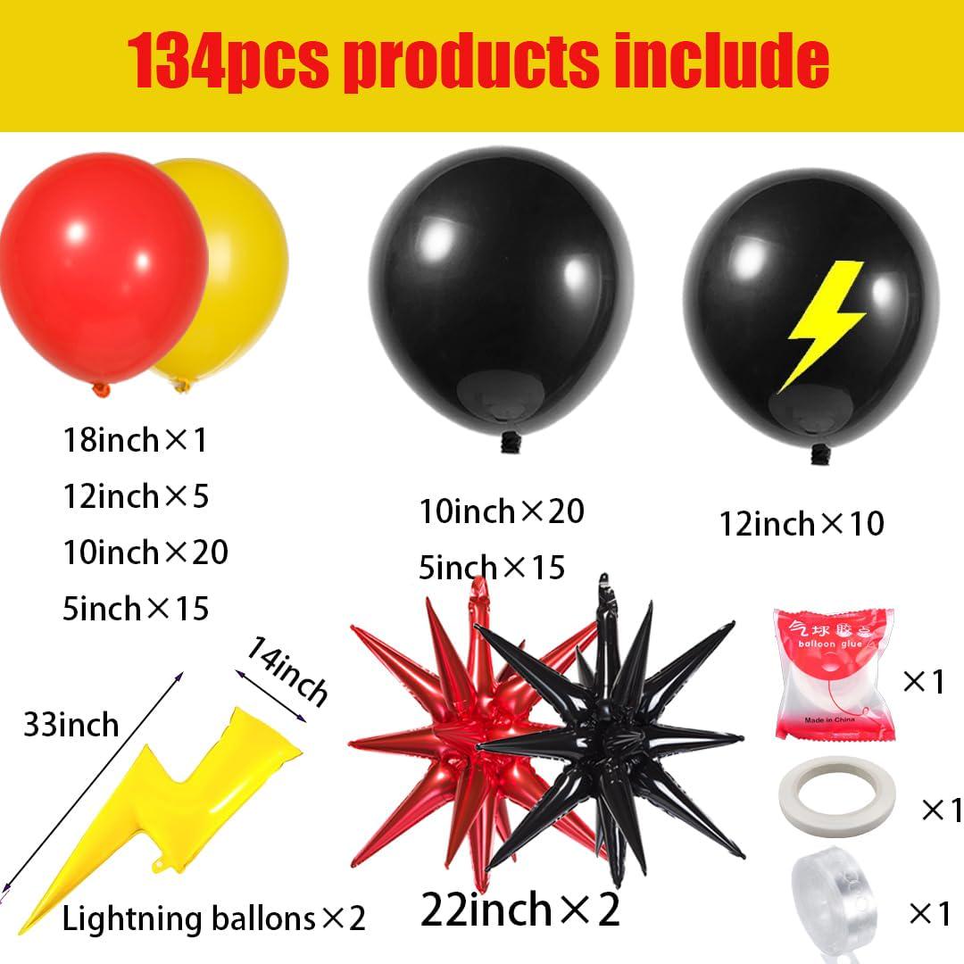Red Yellow Black Balloon Garland Kit, Superhero Lightning Starburst Foils, Birthday Party Decor