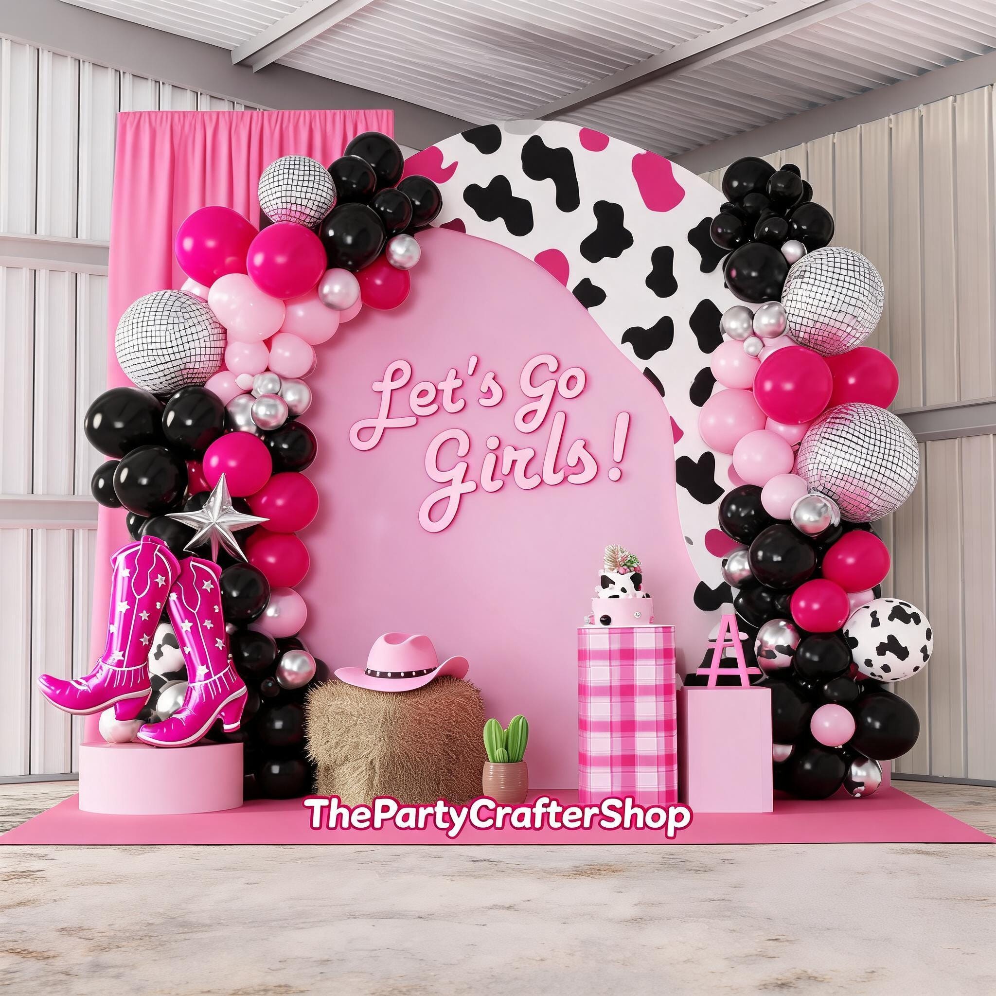 Disco Cowgirl Balloon Arch Kit, Hot Pink Black Cow Print Party Decor