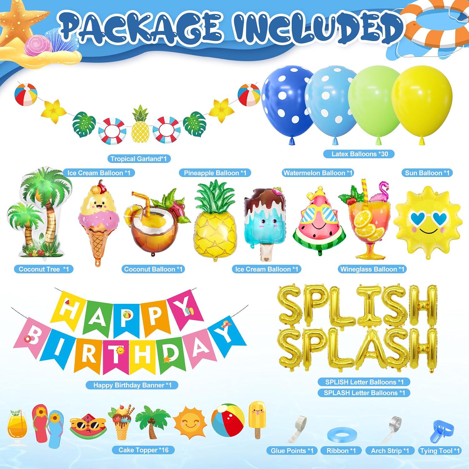 Tropical Pool Party Decorations, Summer Birthday Kit with Balloons, Banner, Cake Toppers