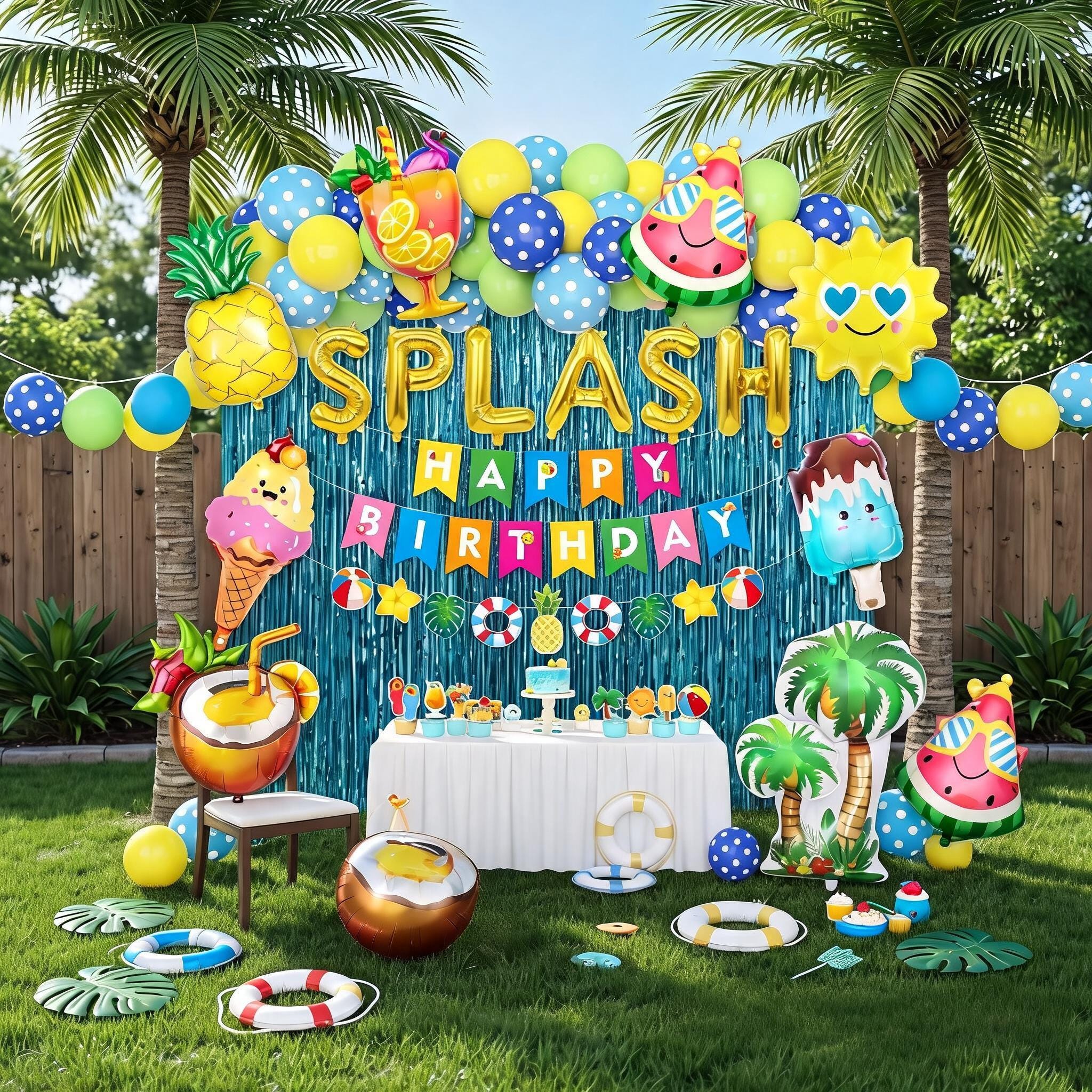 Tropical Pool Party Decorations, Summer Birthday Kit with Balloons, Banner, Cake Toppers