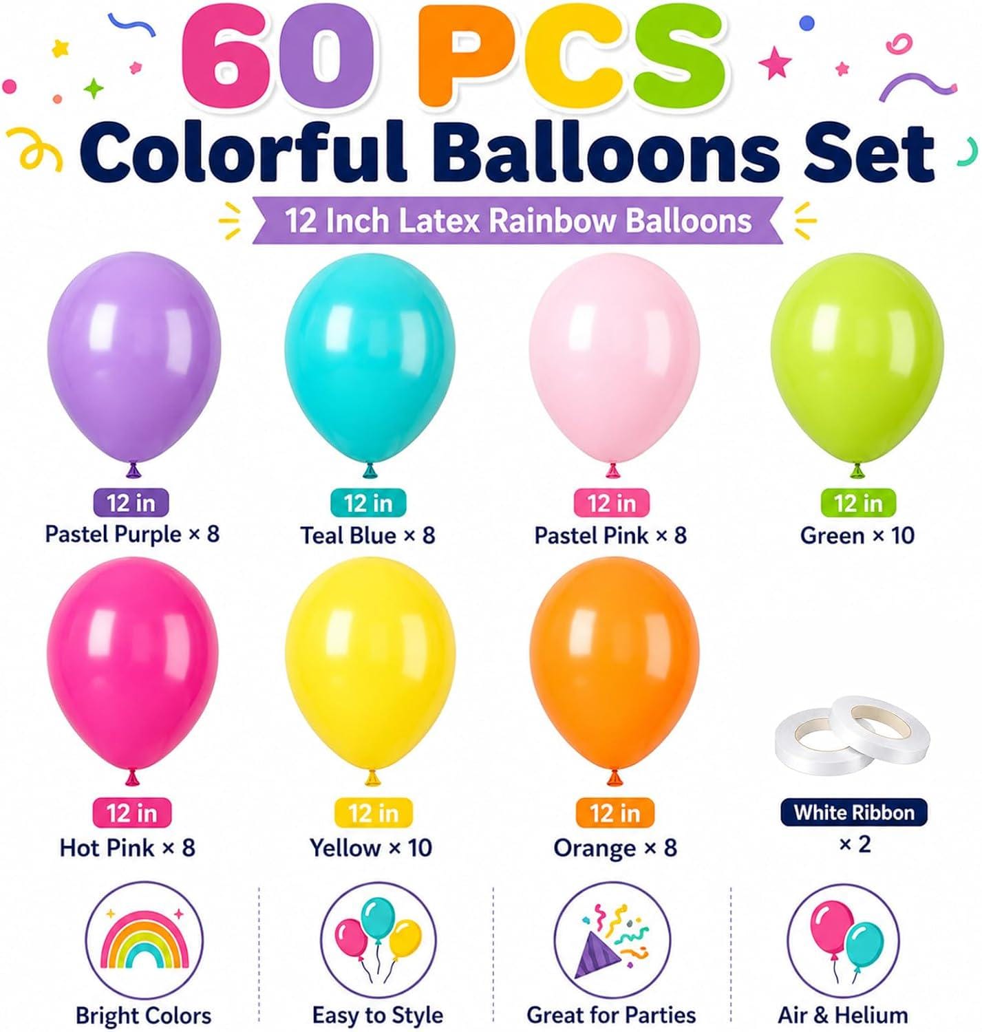 60pc Pastel Rainbow Balloon Set, 12 Inch Latex Party Decor