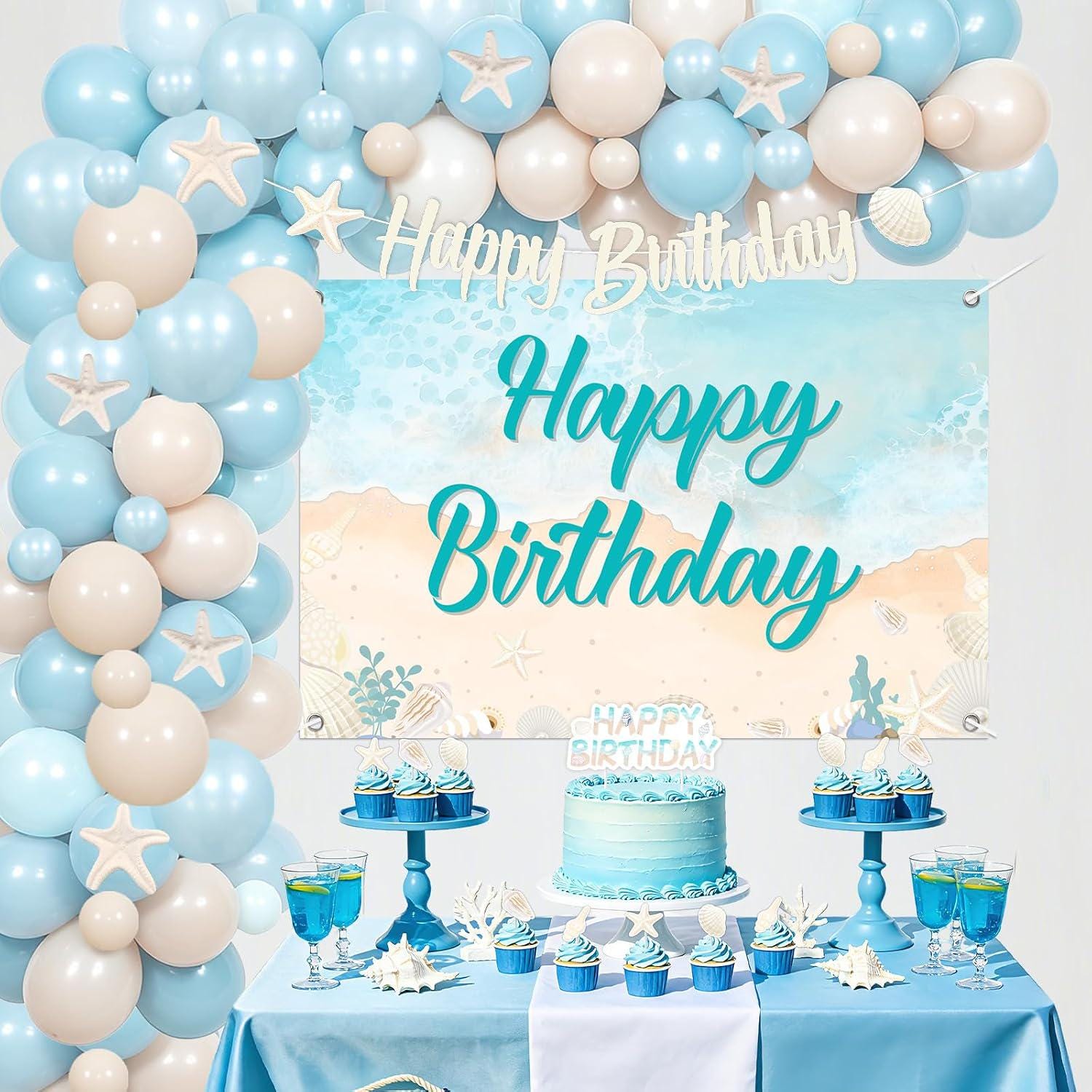 Coastal Beach Birthday Party Kit, Balloon Arch, Starfish, Shell Decorations