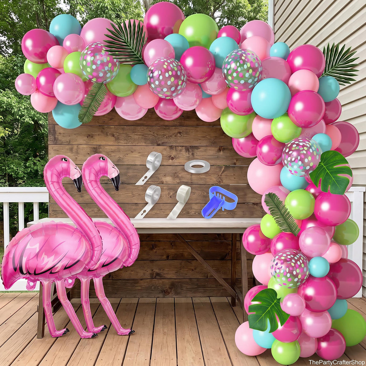 Flamingo Balloon Garland Kit, Tropical Luau Party Arch with Palm Leaves