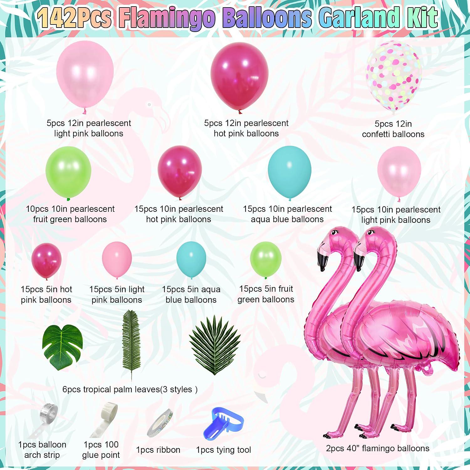 Flamingo Balloon Garland Kit, Tropical Luau Party Arch with Palm Leaves